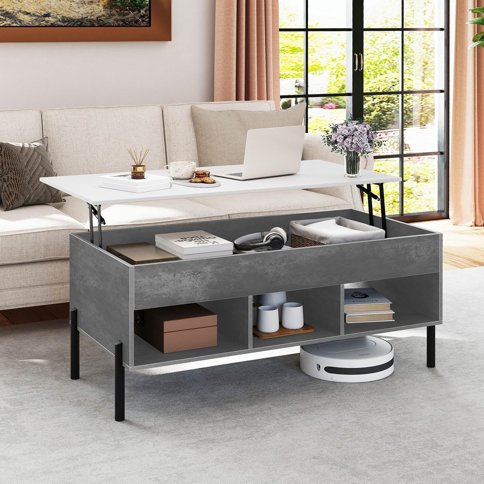 COSTWAY Tavolino da Caffè Sollevabile, Tavolo da Salotto con Piano Sollevabile, Ampio Comparto Nascosto, 3 Scomparti Aperti e Gambe in Metallo, Ideale per Salotto e Ufficio (Grigio)