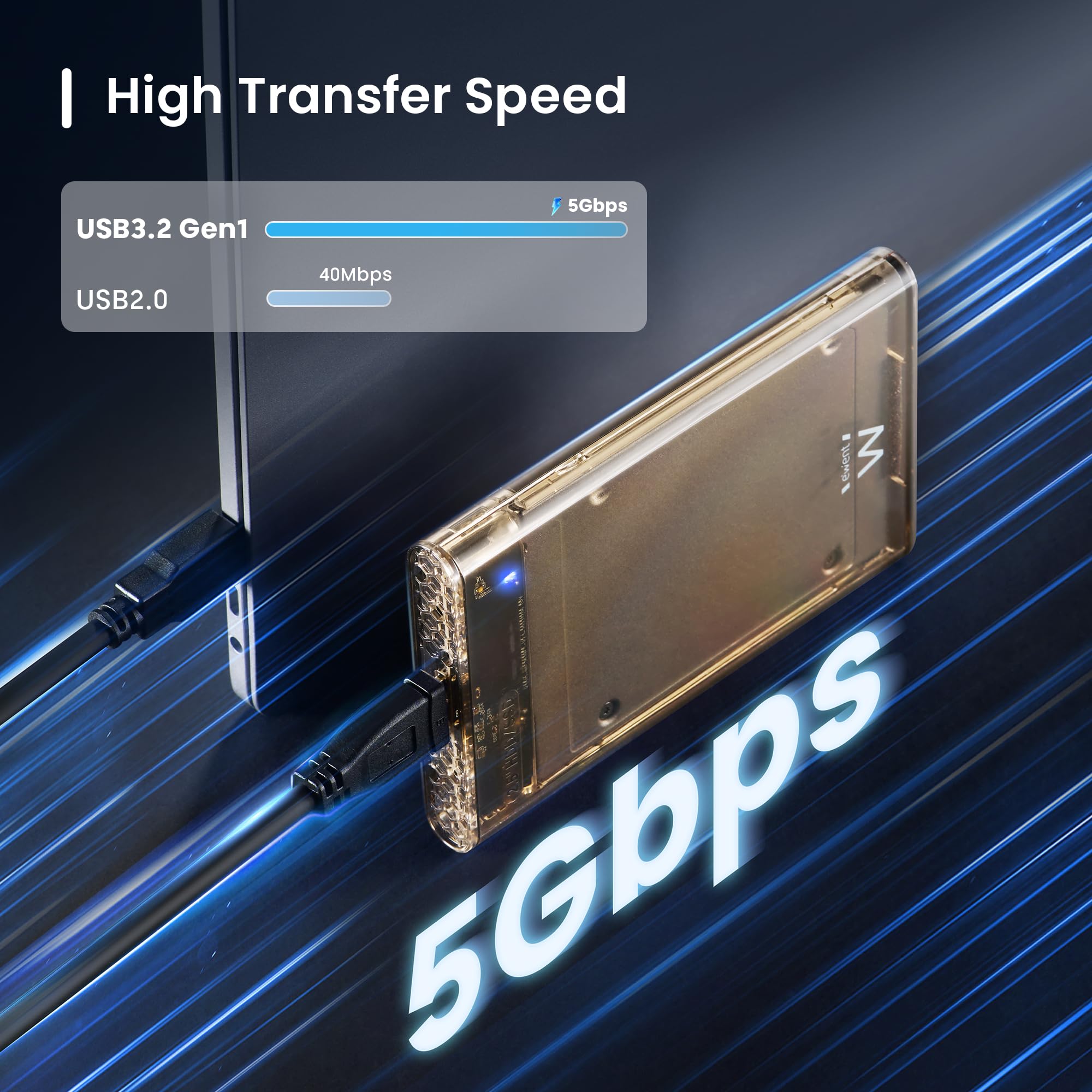 Ewent Obudowa HDD/SSD 2,5″ SATA, USB 3.2 Gen 1 (USB-A), zewnętrzna obudowa na dysk twardy 7-9,5 mm, prędkość 5 Gb/s, bez narzędzi, prędkość 5 Gbp, wskaźnik LED, do PC-Mac-PS4-Xbox, kompatybilny z