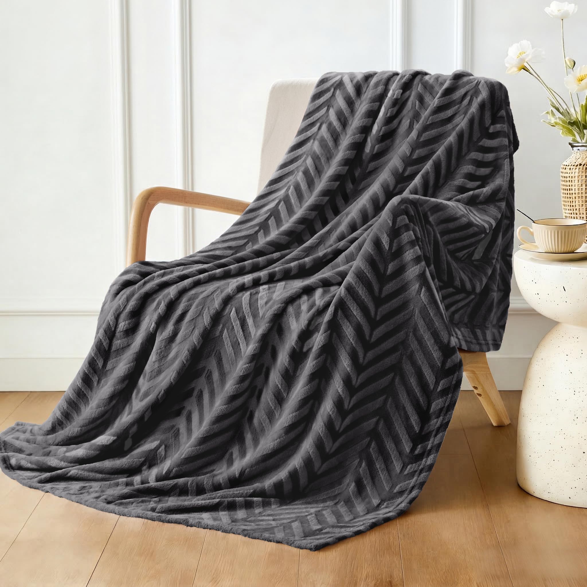Whale Flotilla Flannel Fleece Throw Blanket for Sofa, 130x150 CM Soft Fluffy Velvet Sofa Blanket with Decorative Chevron Pattern for All Season, Warm and Lightweight, Dark Grey — image 1