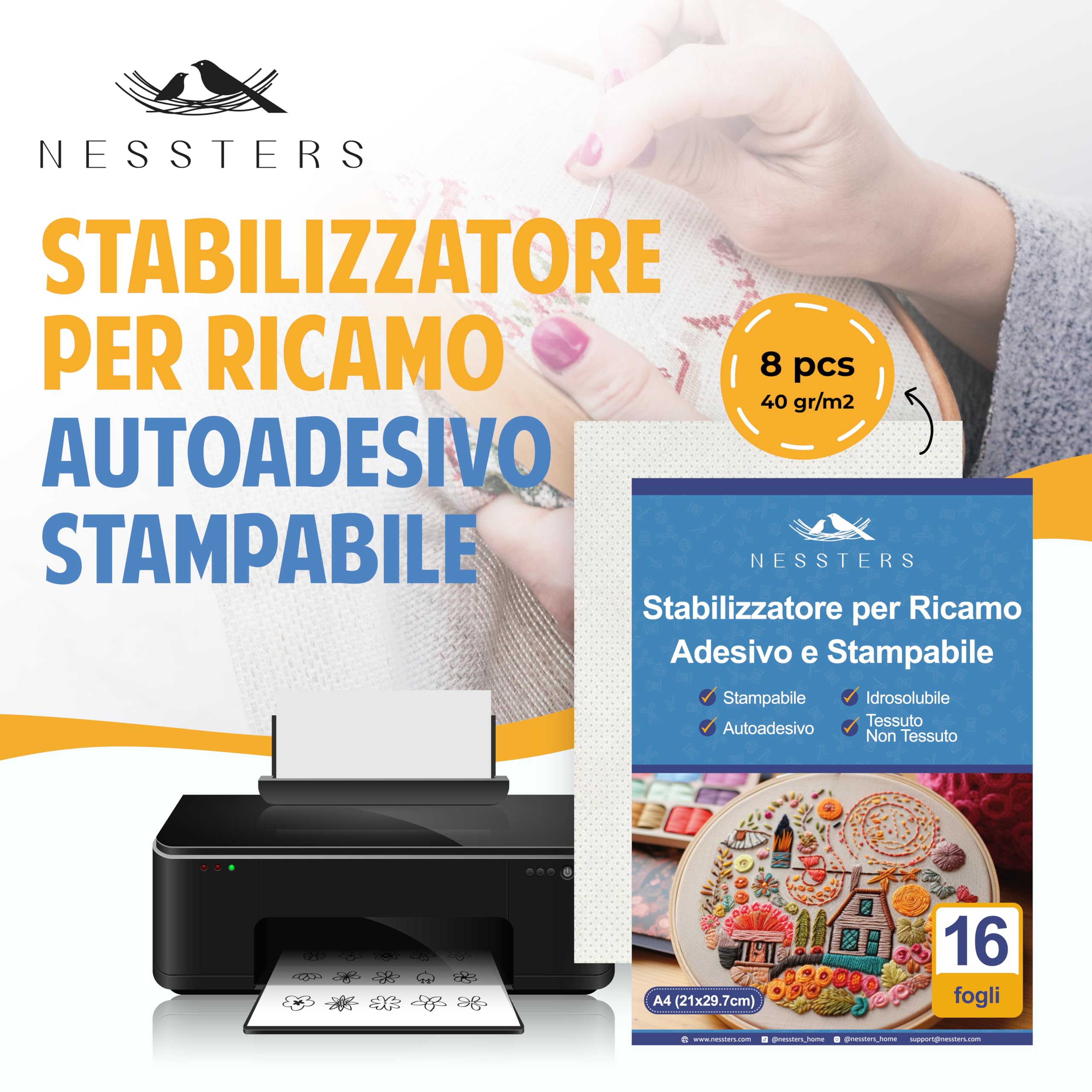 Carta Adesiva Idrosolubile per Ricamare – 16 Fogli A4 Stampabili – Carta per Ricamo Adesiva e Solubile in Acqua – Stabilizzatore Ricamo per Stick and Stitch, per Ricamare a Mano o Macchina