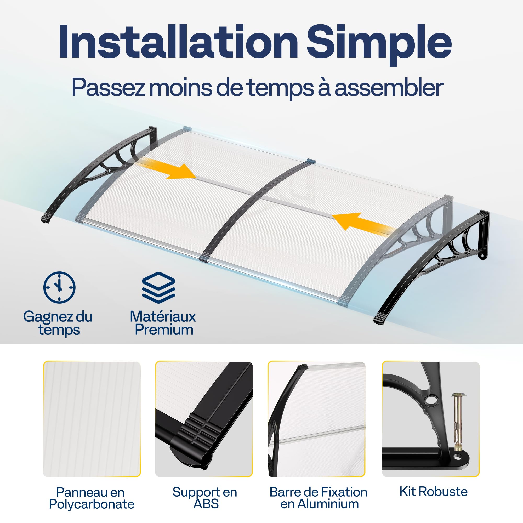 VIVOHOME Auvent de Porte et fenêtres 300x100cm Marquise de Porte Exterieur en Polycarbonate Transparent auvent en Arc pentu Protection Contre Pluie et UV pour Terrasse Balcon Patio