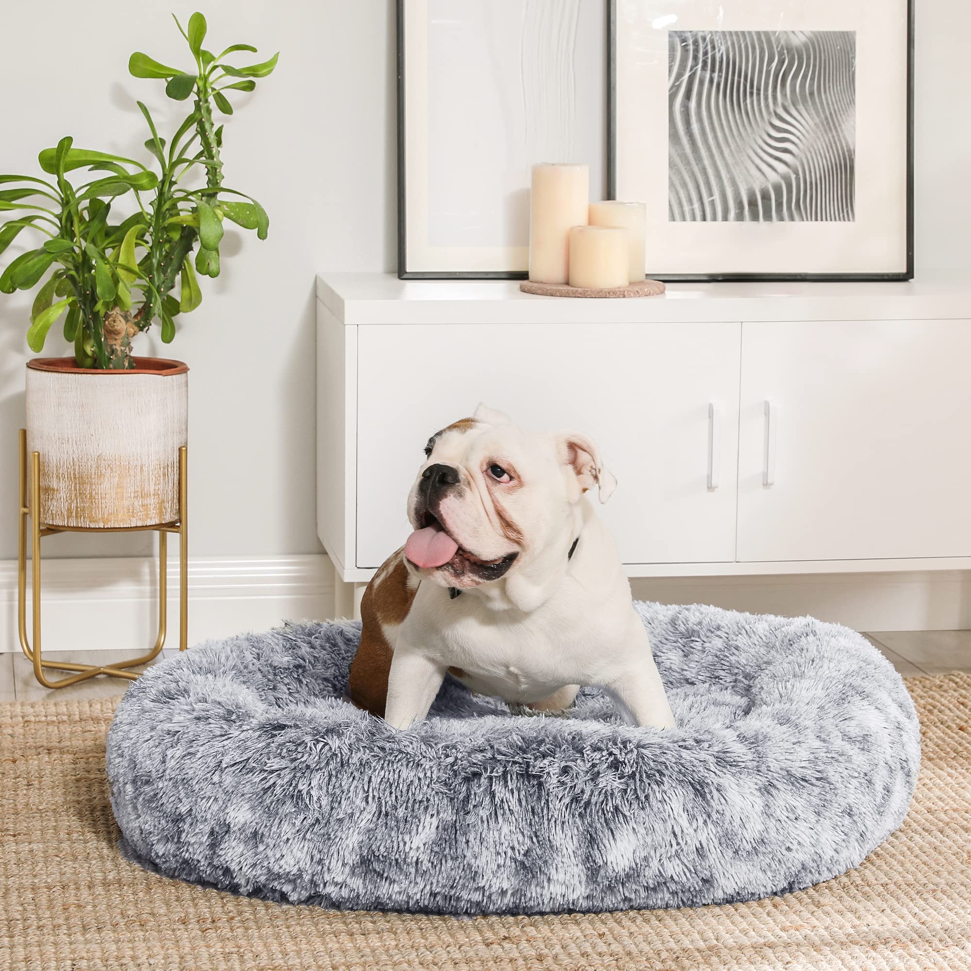 Feandrea Cuccia per cani soffice, cuccia per gatti, cuscino a ciambella, lavabile, imbottitura centrale rimovibile, peluche lungo, diametro 90 cm, grigio ombré PGW041G01