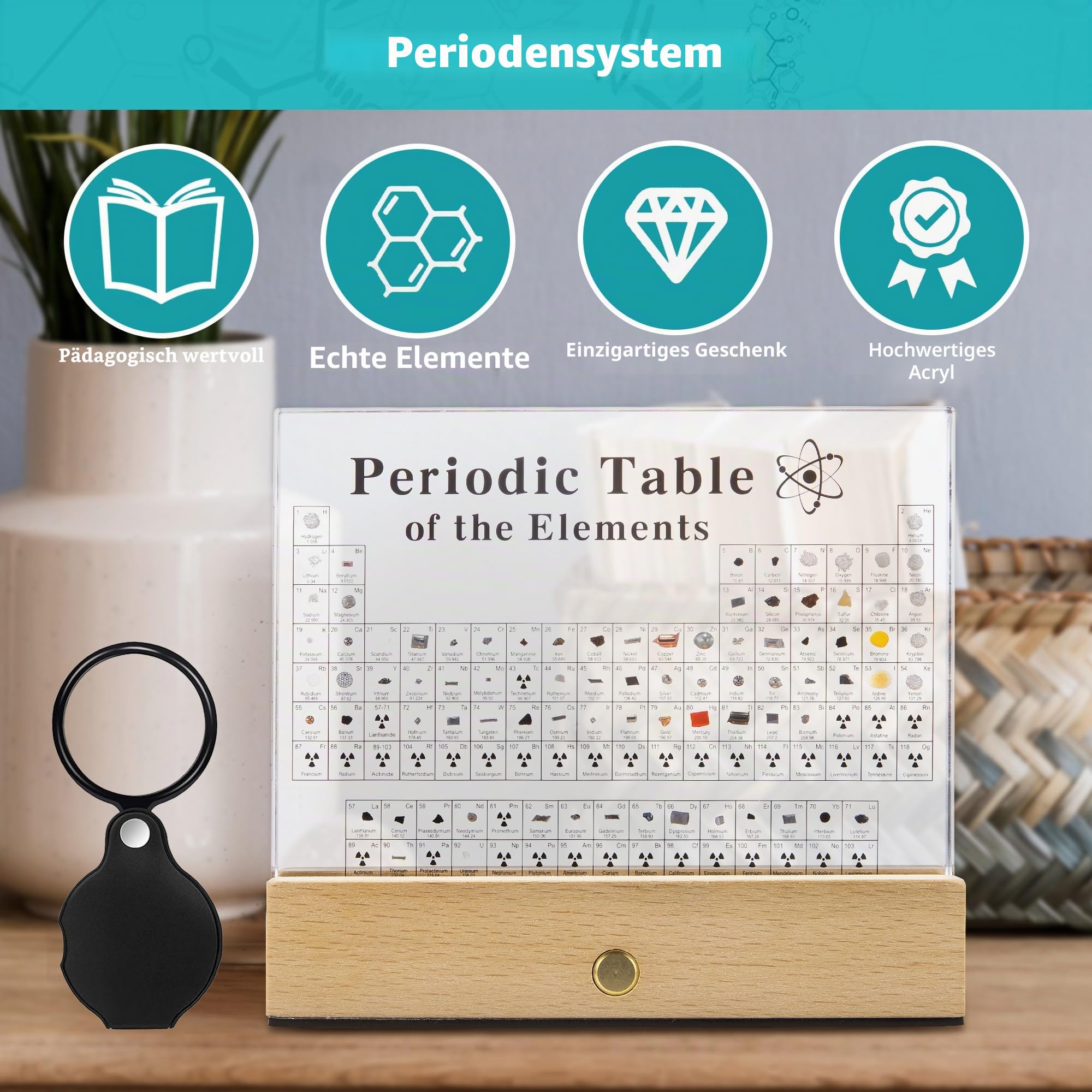 MegaBox Großes Periodensystem mit 83 echten Elementen, Periodensystem-Display aus Acryl mit Holzständer, 6 Chemie-Formel-Referenzkarten, Lehrergeschenk