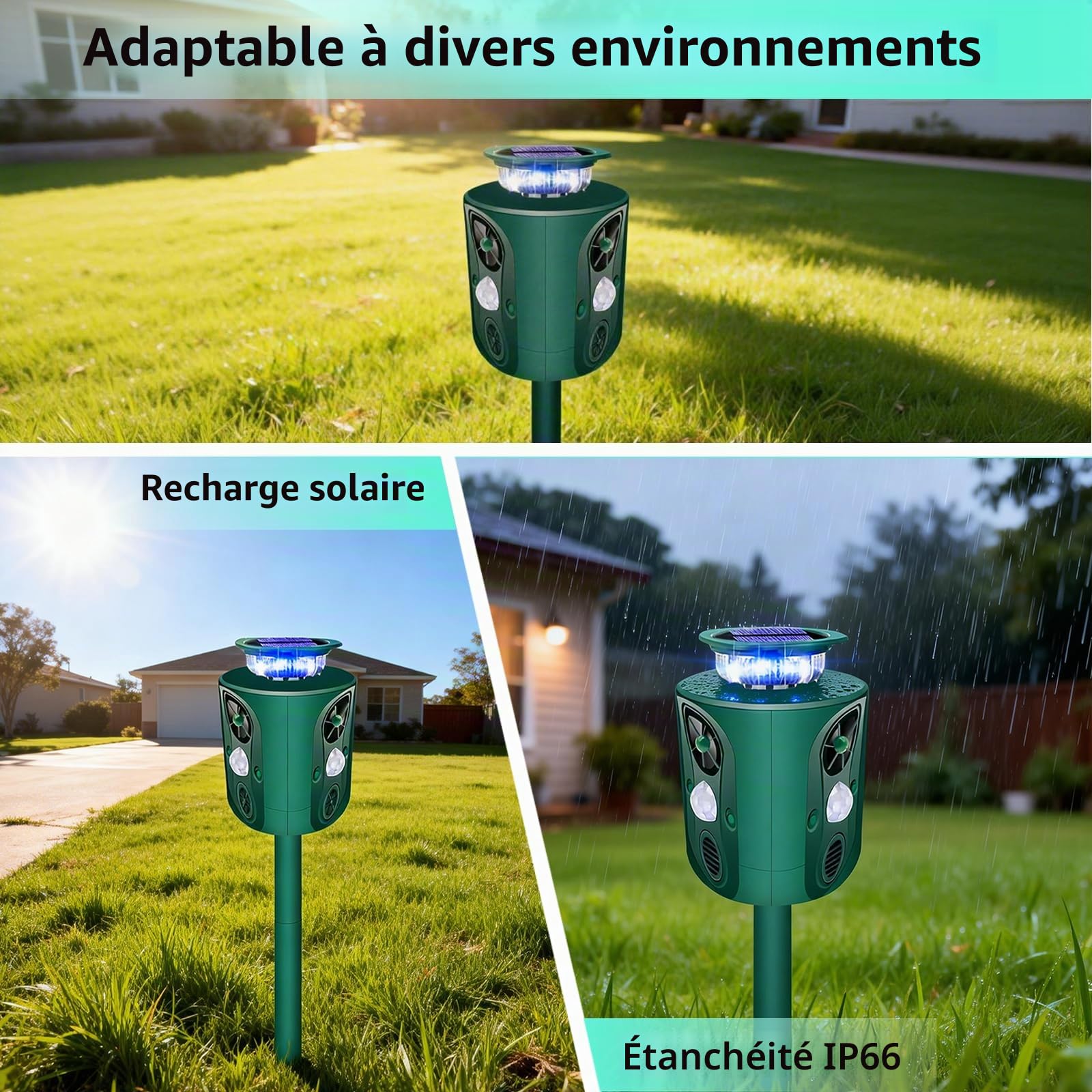 Répulsif à ultrasons solaire avec lampe clignotante LED, 5 modes, étanche IP66, idéal pour les jardins et la protection des animaux à l'extérieur
