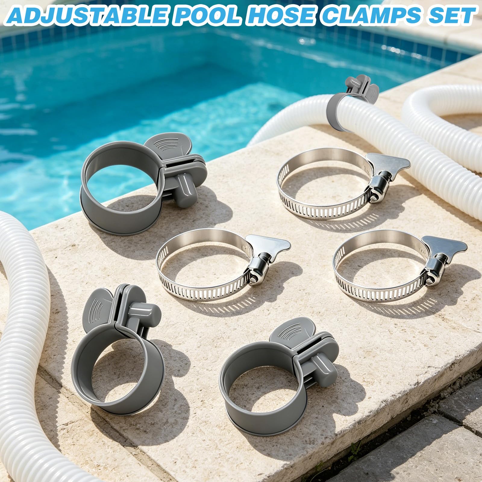12 pezzi di clip per tubi in plastica per connettore di tubo da piscina, con clip regolabili per pompe filtranti da 1 1/4 pollice e 6 parti di ricambio in metallo 304 per le cinghie del collo.