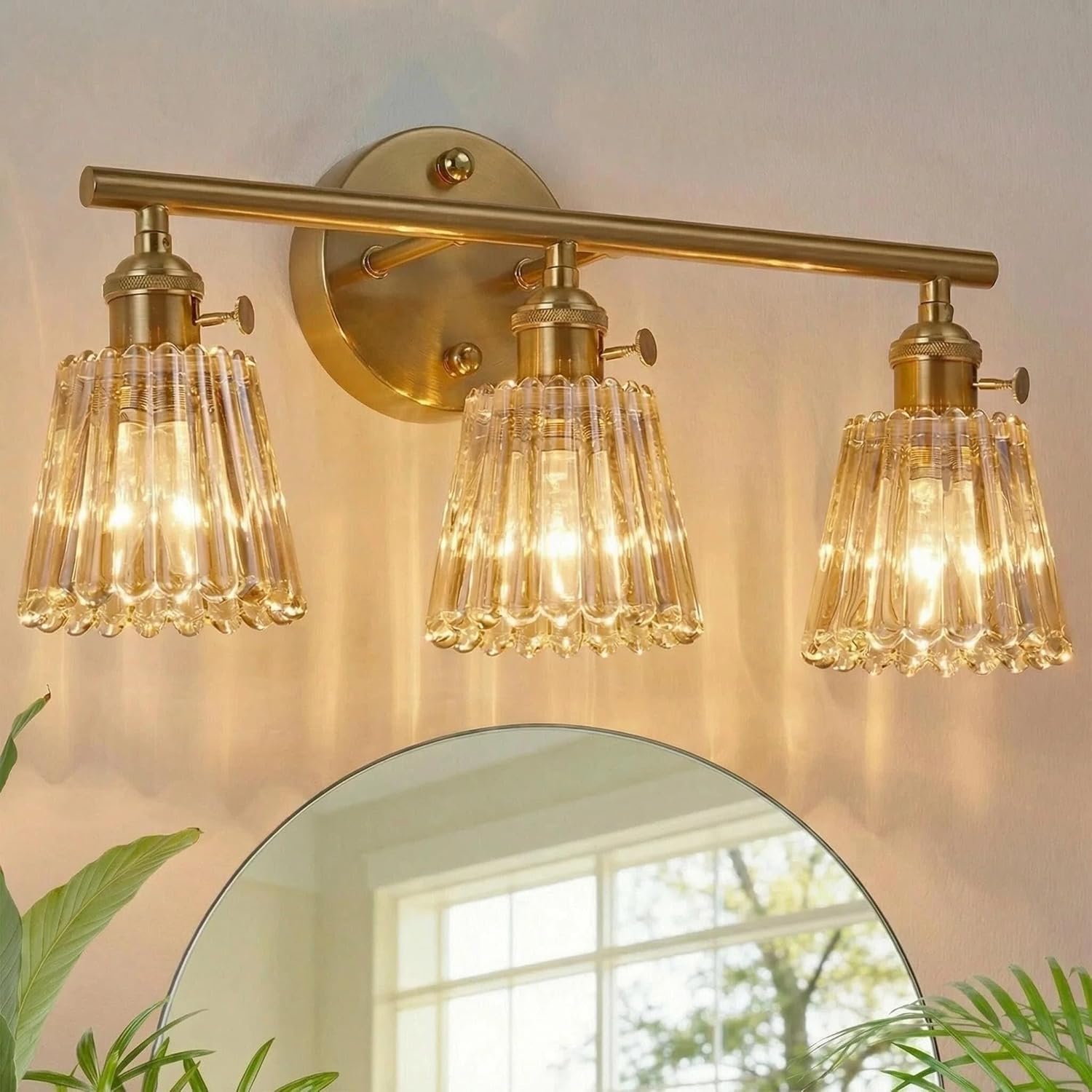 3-Light Bathroom Vanity Light, Brushed Brass Gold Vintage Wall Sconce with Individual Switch Control, Vintage Bathroom Light fixtures Over Mirror for Bedroom, Living Room Hallway