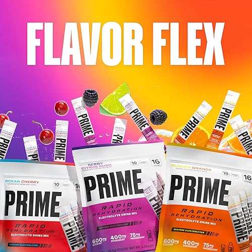 Miniatura 10 de Prime Rapid - Palitos de electrolitos en polvo, naranja glaciar, mezcla de bebida de hidratación sin azúcar con vitaminas de sodio, potasio y B, sin