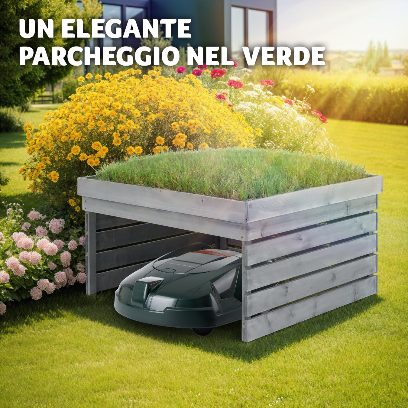 tectake® Riparo per Robot Tagliaerba, Garage Robot Tagliaerba Resistente alle Intemperie, Spazioso Garage in Legno di Pino, Tetto Piantabile, Copertura Robot con Telone, 78 x 84 x 86 cm - Grigio