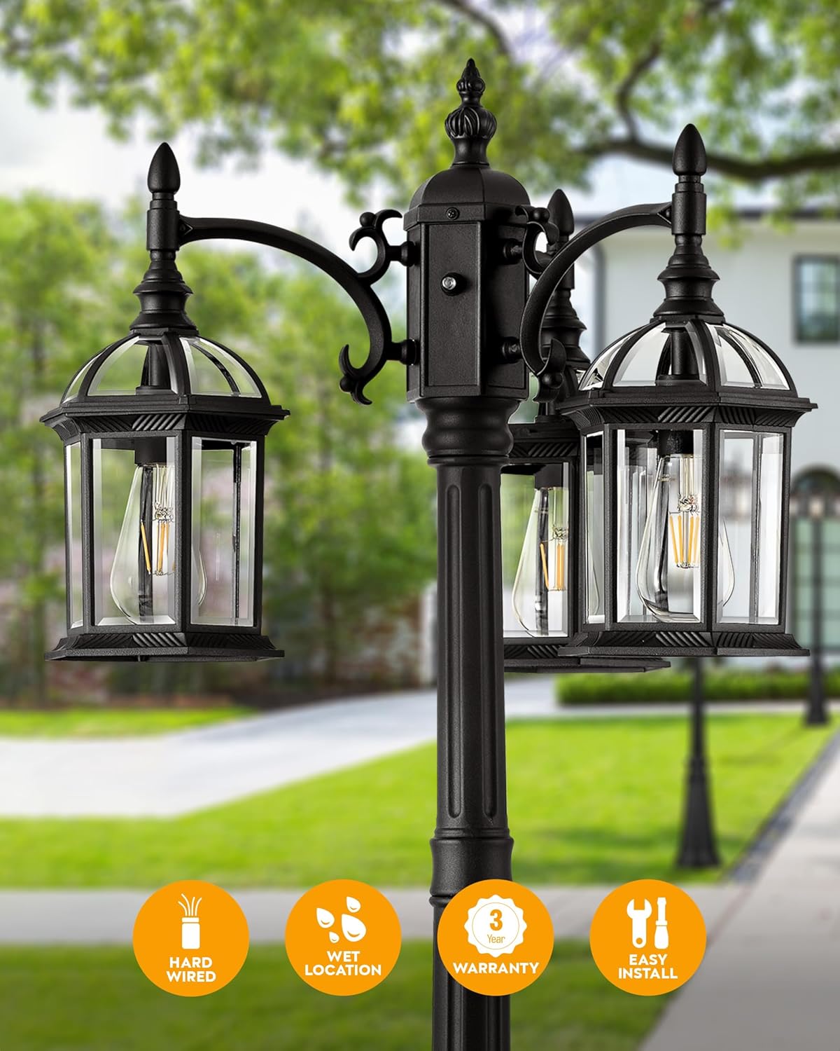 VIANIS 82.9" H Outdoor Post Light, Black Dusk to Dawn Outside Post Lighting with 3-Head, 100% Aluminum Waterproof Anti-Rust Street Light Fixtures for Garden Yard Patio Driveway(Hardwired 120VAC)