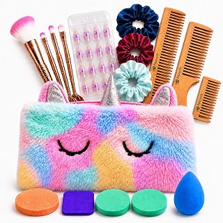 NATURIFY 18 PCS Organic Makeup Kit for Kids, Preteens & Teen Girls | 100% Natural & Friendly | Includes Nail Pack & Fish Shape Makeup Brush,Neem Wood Comb,Scrunchies,Makeup Blender,Makeup Puffs, Makeup Pouch (Mini Hair & Grooming Kit, Assorted Colour)