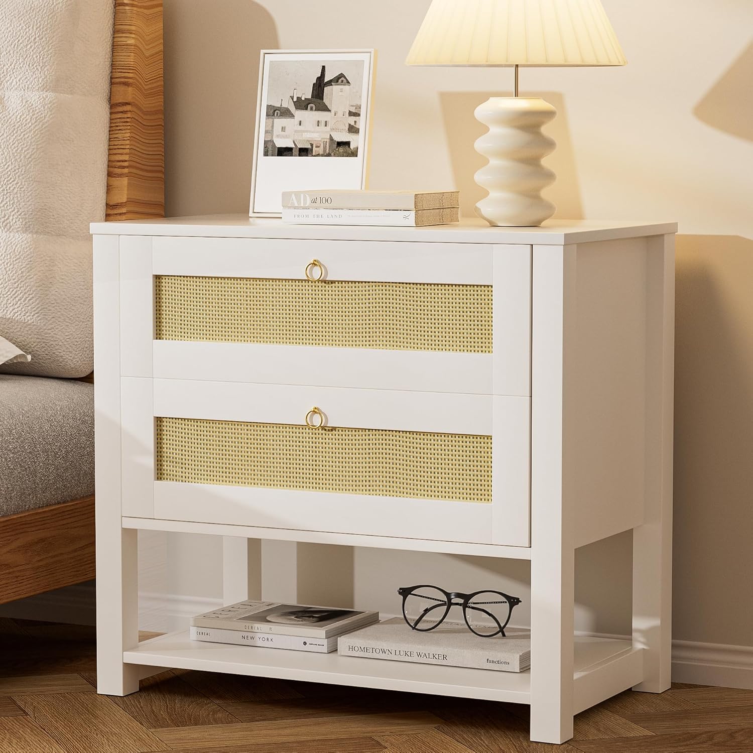 Nightstands Set of 2, White Night Stand with 2 Rattan Drawers and Open Storage Shelf, Large Bed Side Table End Tables for Bedroom, Living Room