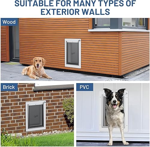 Miniatura 9 de Puerta de pared para mascotas, marco de acero, túnel telescópico y doble solapa de silicona, puerta para perro, puertas para gatos con bloqueo