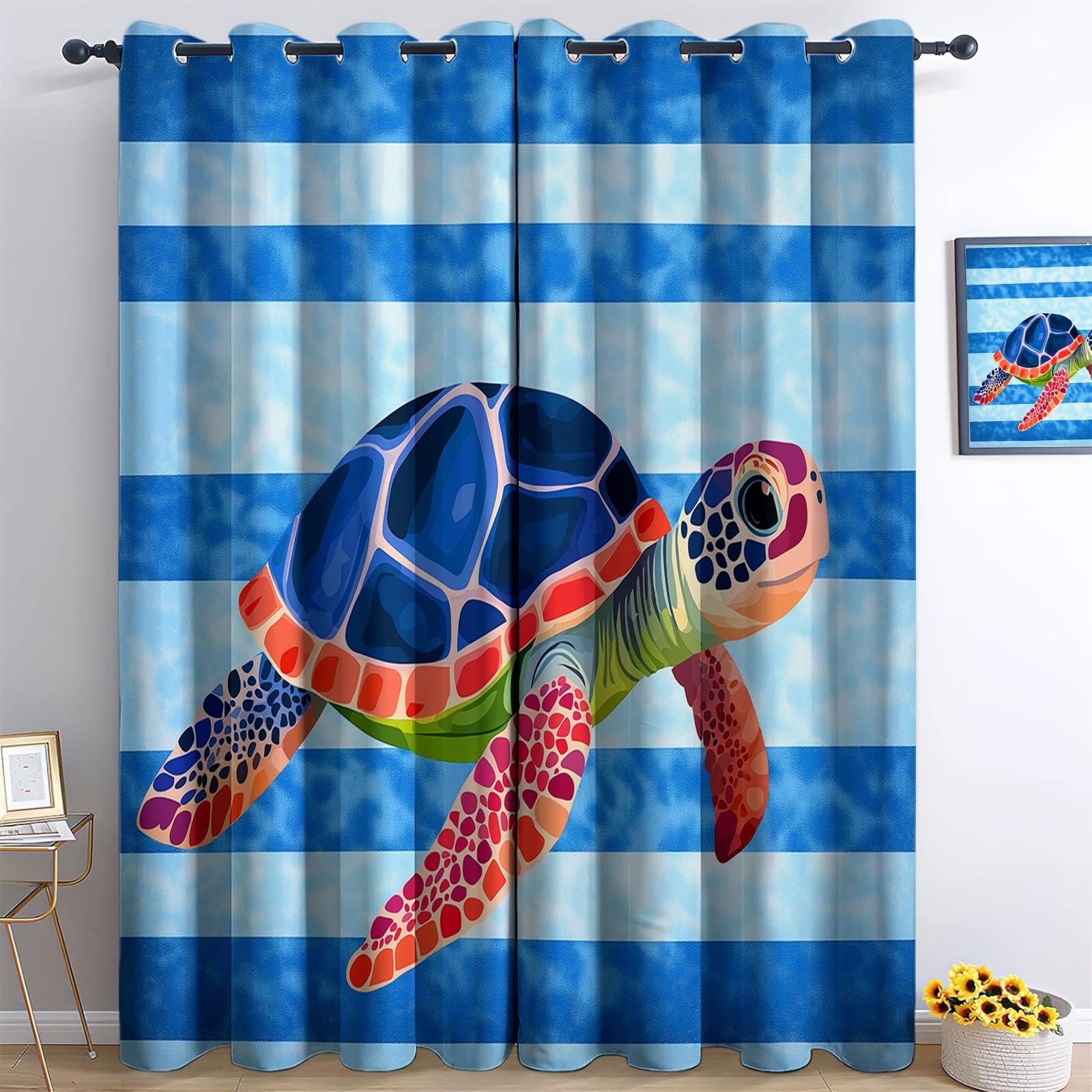 Ocean Animal Turtle Stripes 100% Total Blackout Eyelet Curtains, Blue Thermal Insulated Ring Top Window Drapes for Boys Girls Teens Bedroom Living Room - 2 Panels, Total 92"W x 90"L (234x229cm) — image 1