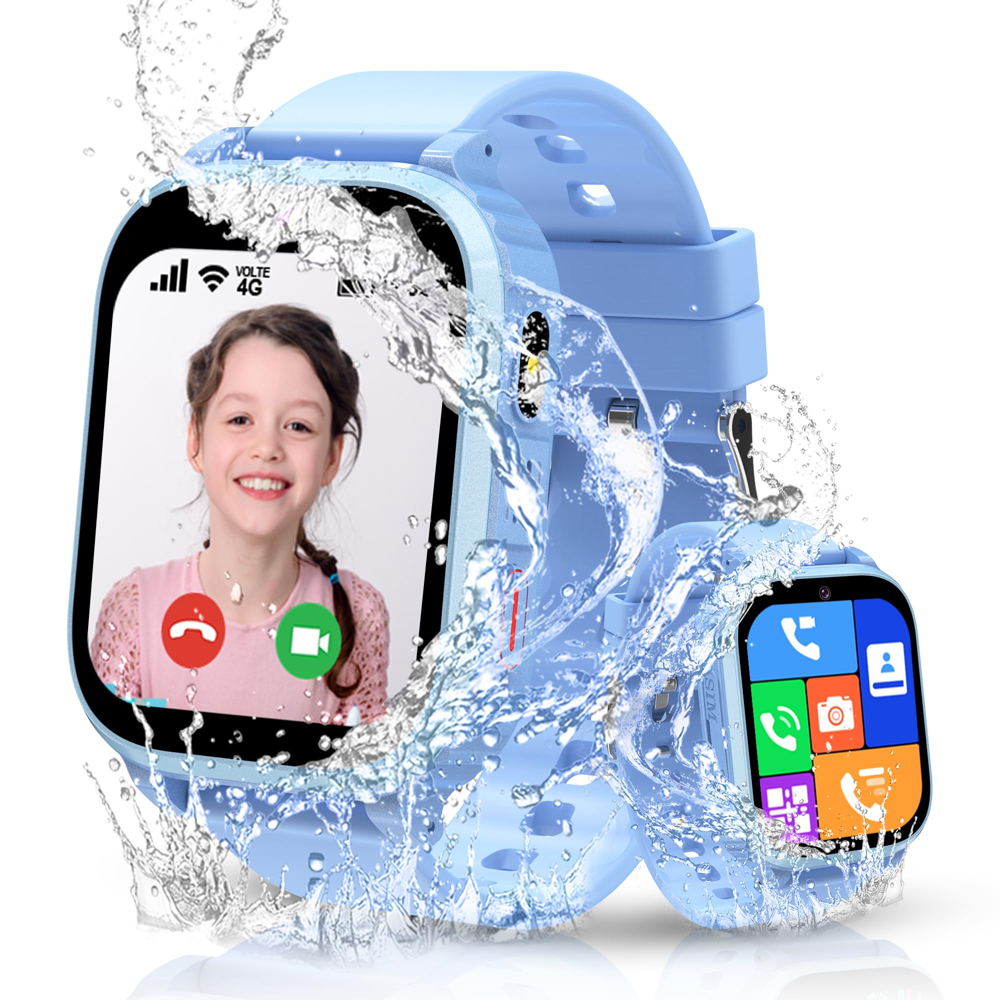 4G Reloj Inteligente Niño con GPS y Llamadas, Smartwatch Niños Llamadas Videollamada Teléfono SOS Chat SMS Juego Despertador IP68 Impermeable Modo Clase Localizador, Reloj GPS Niños Estudiante Regalo