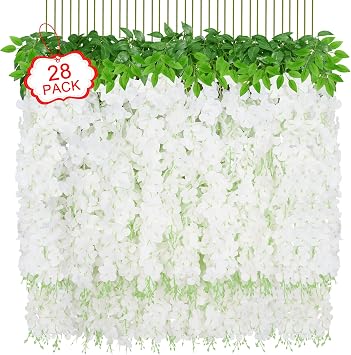 Yastouay 28 Pcs Wisteria Hanging Flowers, 3.77 Ft/Pcs Artificial Hanging Flowers, White Fake Wisteria for Wedding Party Backdrop Wall Home Decoration