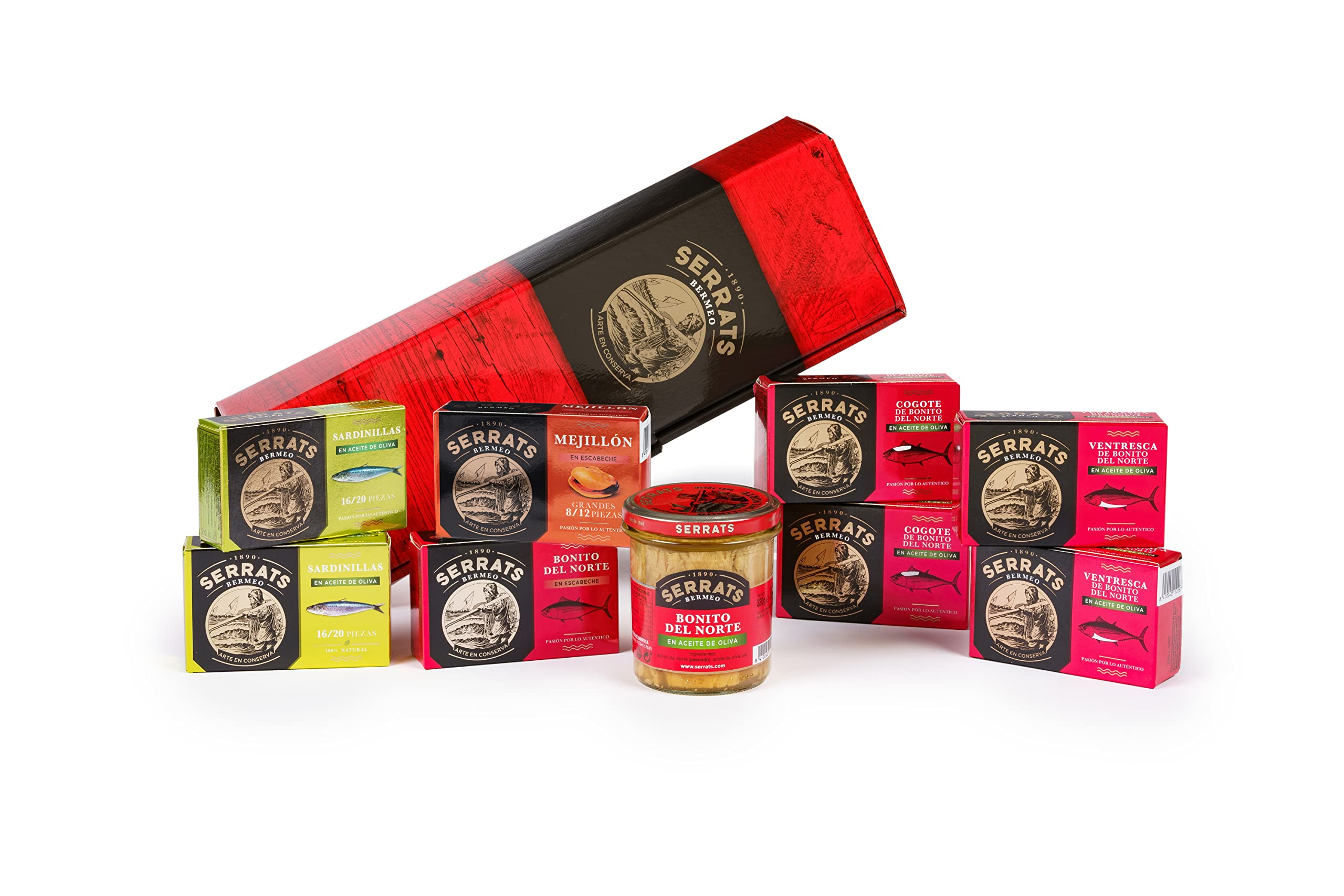 CONSERVAS SERRATS - Geschenkbox Pack Bermeo - 9 Gourmet-Konserven aus dem Kantabrischen Meer - Weißer Thunfisch, Bauchlappen, Miesmuscheln und Sardinen - Baskische Handwerkliche Herstellung