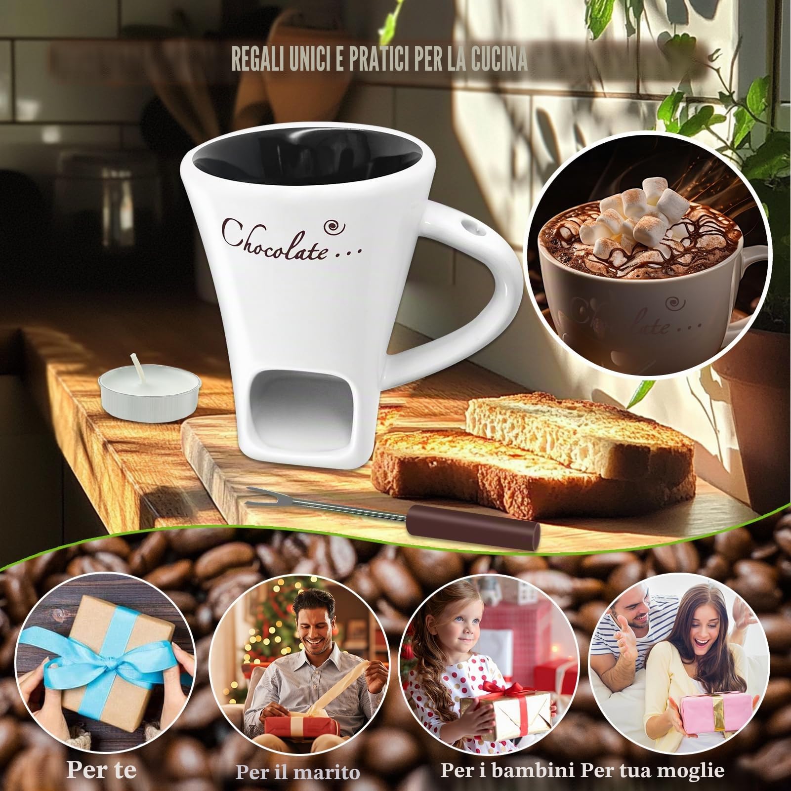 Dongcill - Set per fonduta di cioccolato in tazza, 200ml, Set di bicchieri per fonduta di cioccolato in ceramica, con forchetta e candela