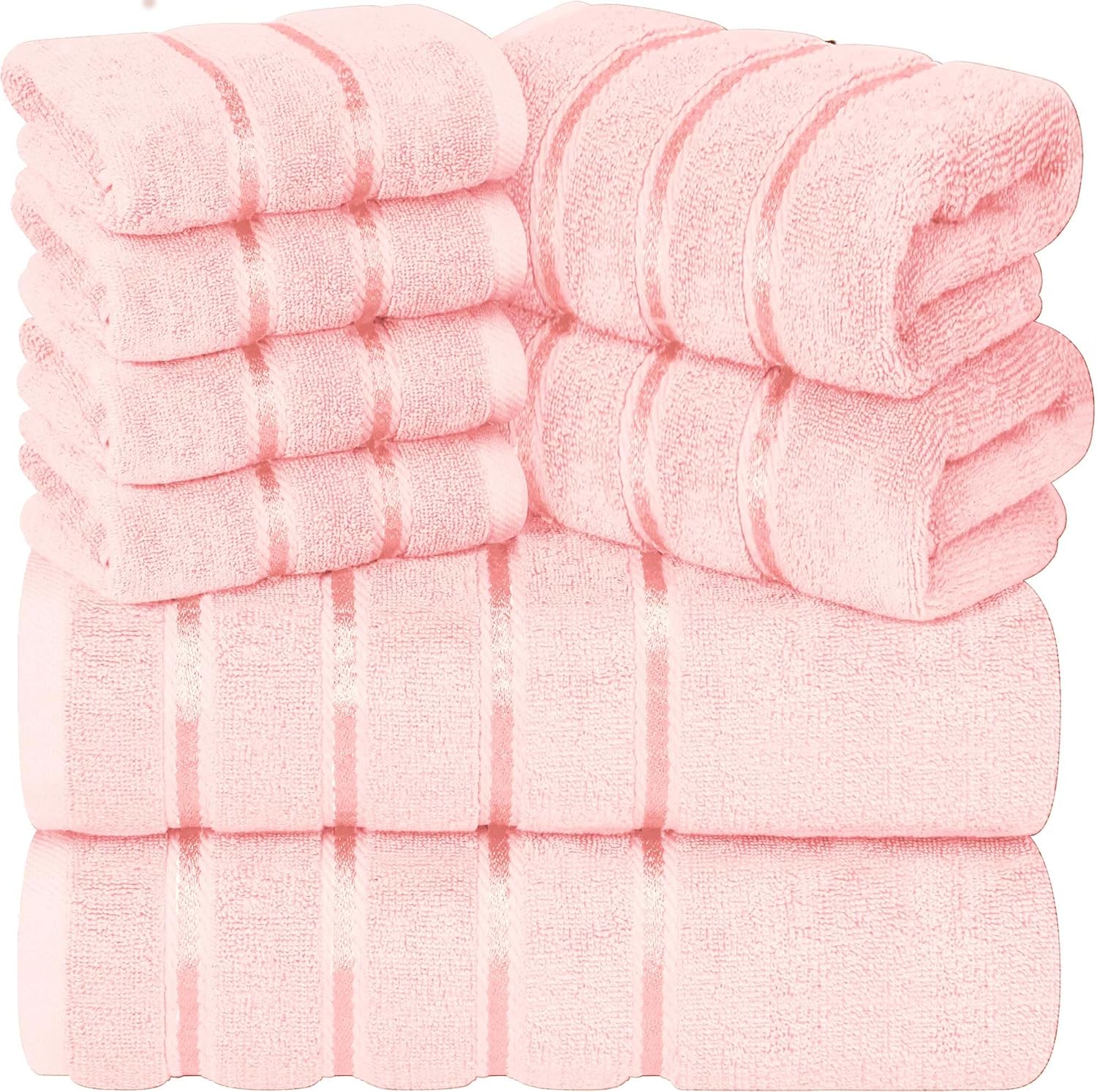 Luxury Pink Towel Set of 8-2 Bath Towels 2 Hand Towels 4 Washcloths - 600 GSM 100% Cotton Ring Spun Viscose Border Towels Set - Light Pink