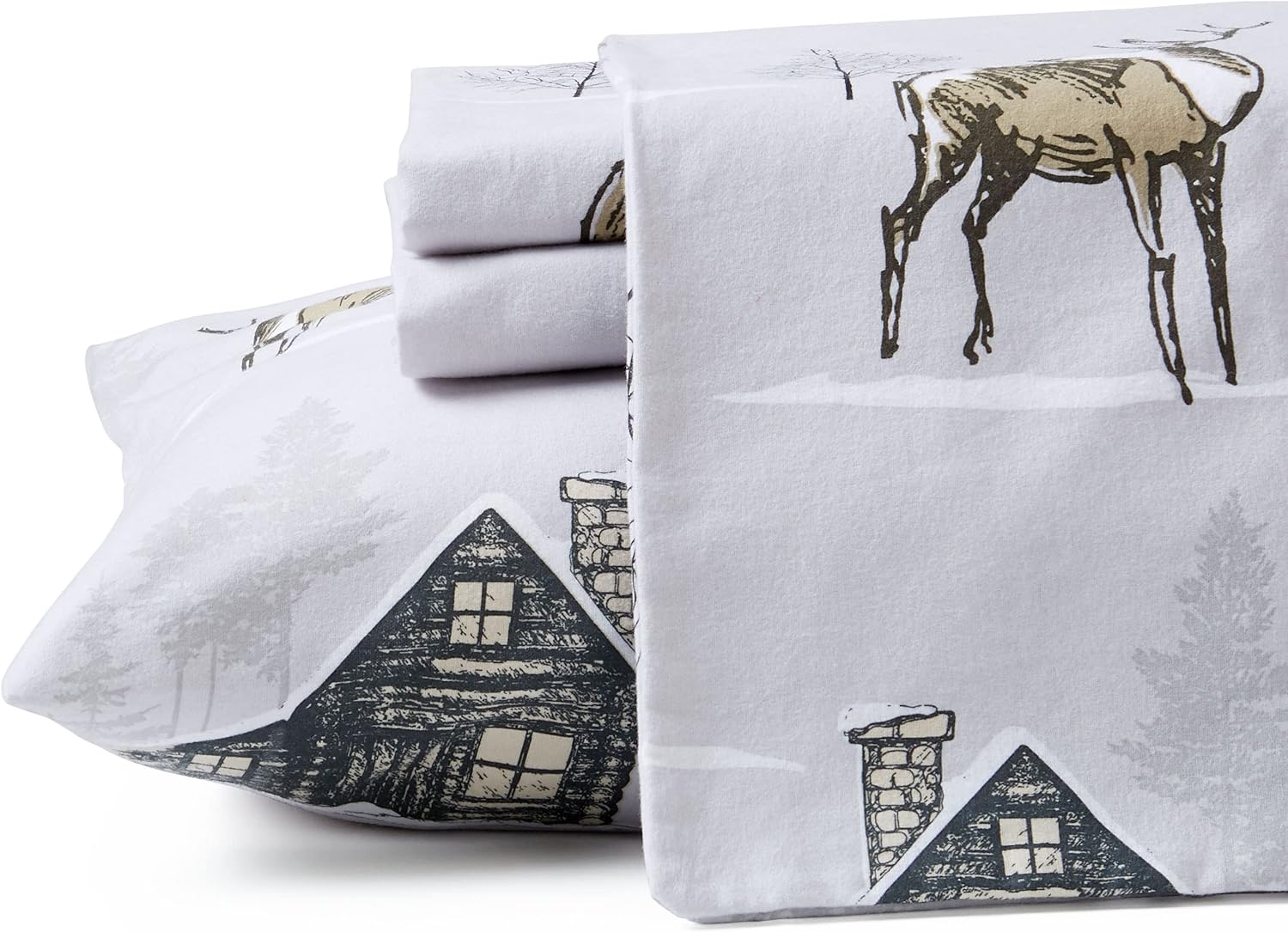 100% Cotton Flannel Sheet and Pillowcase Set | Deep Pocket Fitted Sheet | Extra Soft 170 GSM Sheets | Warm and Breathable Bedding |Printed Sheet Set | Lake George Collection (Queen, Deer) : Home & Kitchen