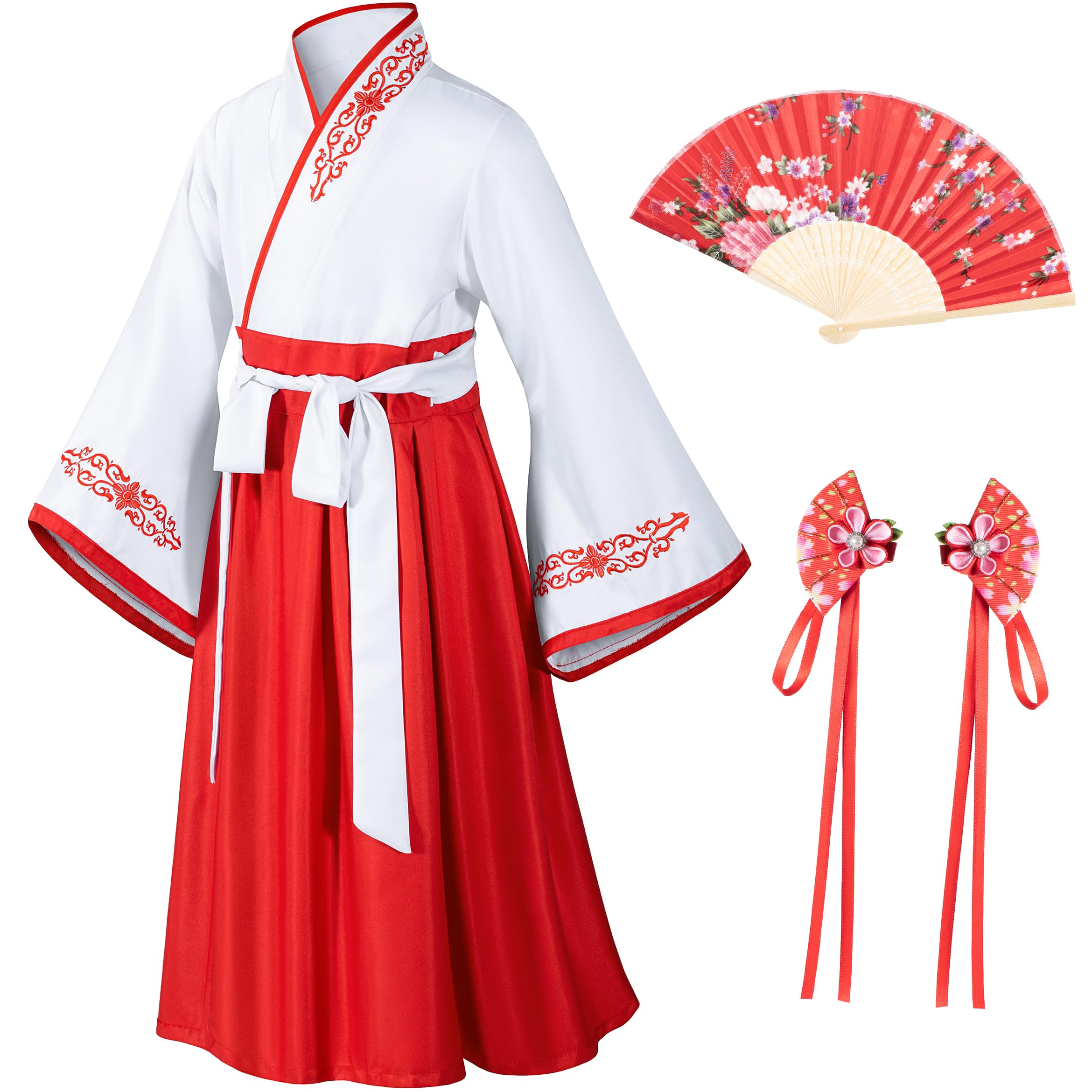 ElibelleAsian Traditional Dress Kimono Robe for Kids Girls Costume Silk Folding Fans hairstick Cosplay