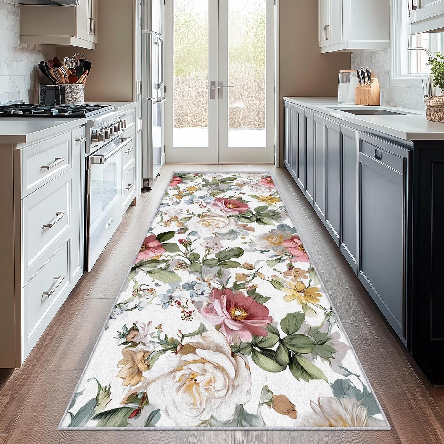 Peony Runner Rug for Hallway, 2x5 - Washable Botanical Floral Carpet Runner, Peony Flower Decor for Bedroom Kitchen Laundry Entryway, Non Slip Rubber Backing Soft Thin