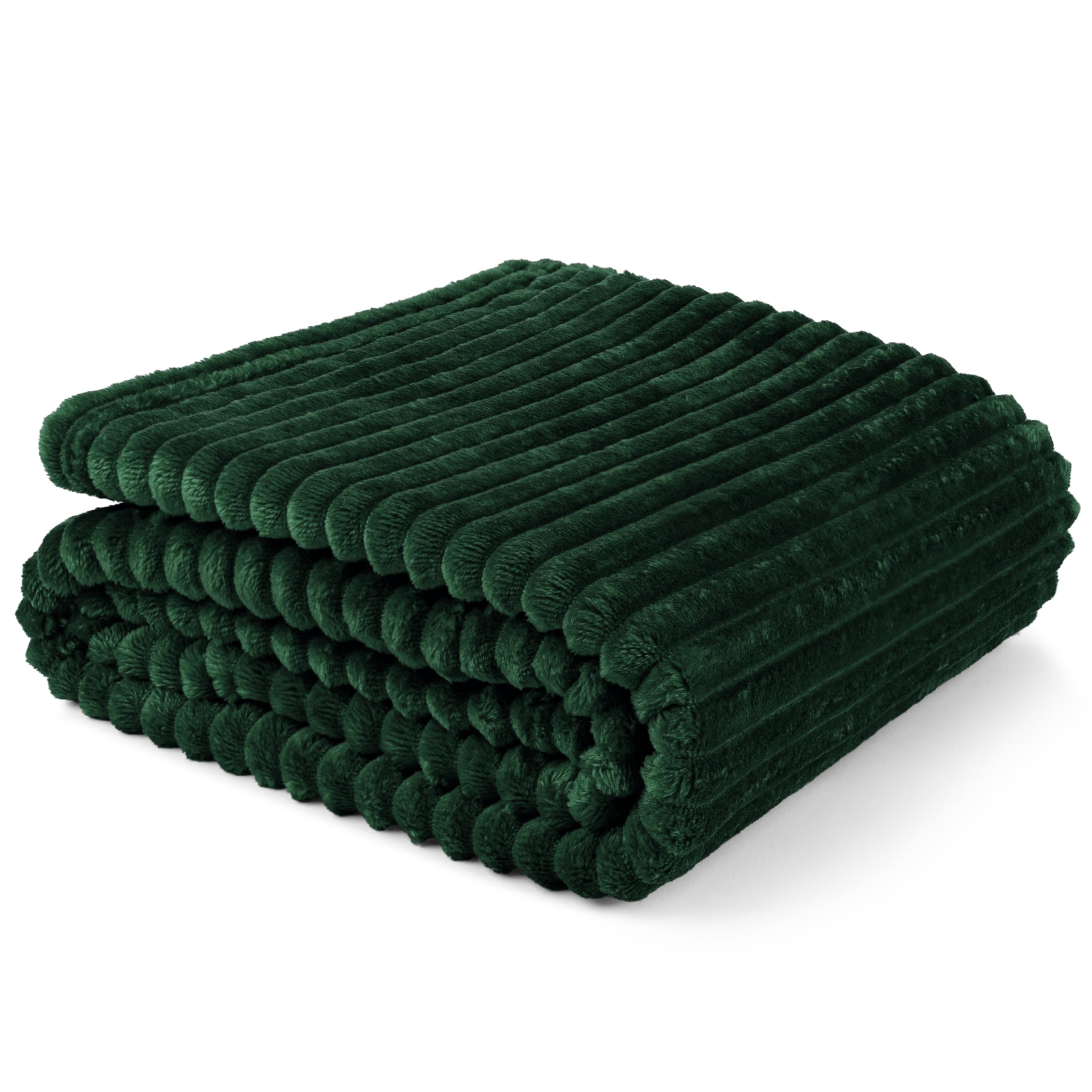 PAVILIA Super Soft Fleece Throw Blanket Twin Emerald Green, Fuzzy Plush Flannel Throw, Warm Cozy Ribbed Microfiber Blanket for Sofa Couch Bed, Lightweight Striped Blanket, Green, 60x80