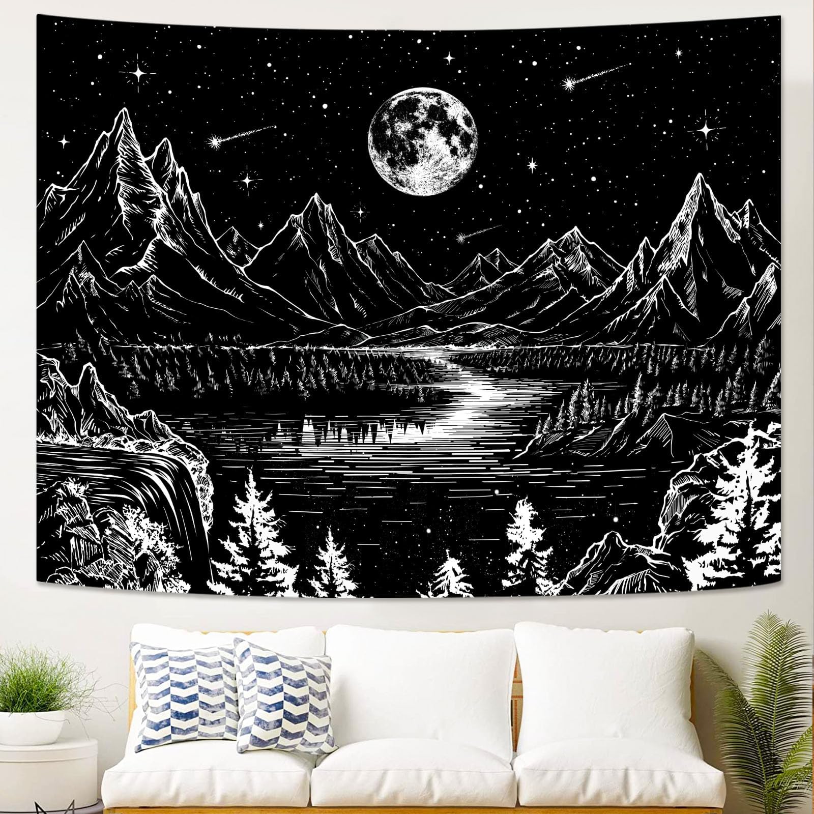 Lunerfex Tapiz blanco y negro con paisaje de montaña para dormitorio, tapices estéticos para colgar en la pared para dormitorio (60 x 80 pulgadas)