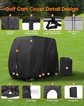 NEVERLAND Golf Cart Cover 4 Passenger for Club Car EZGO Yamaha Golf Carts | Heavy Duty 420D Durable Fabric, Waterproof Rear Zipper, Windproof Strap Dustproof UV resistant for 4 Seat Cart Up to 112 Inch