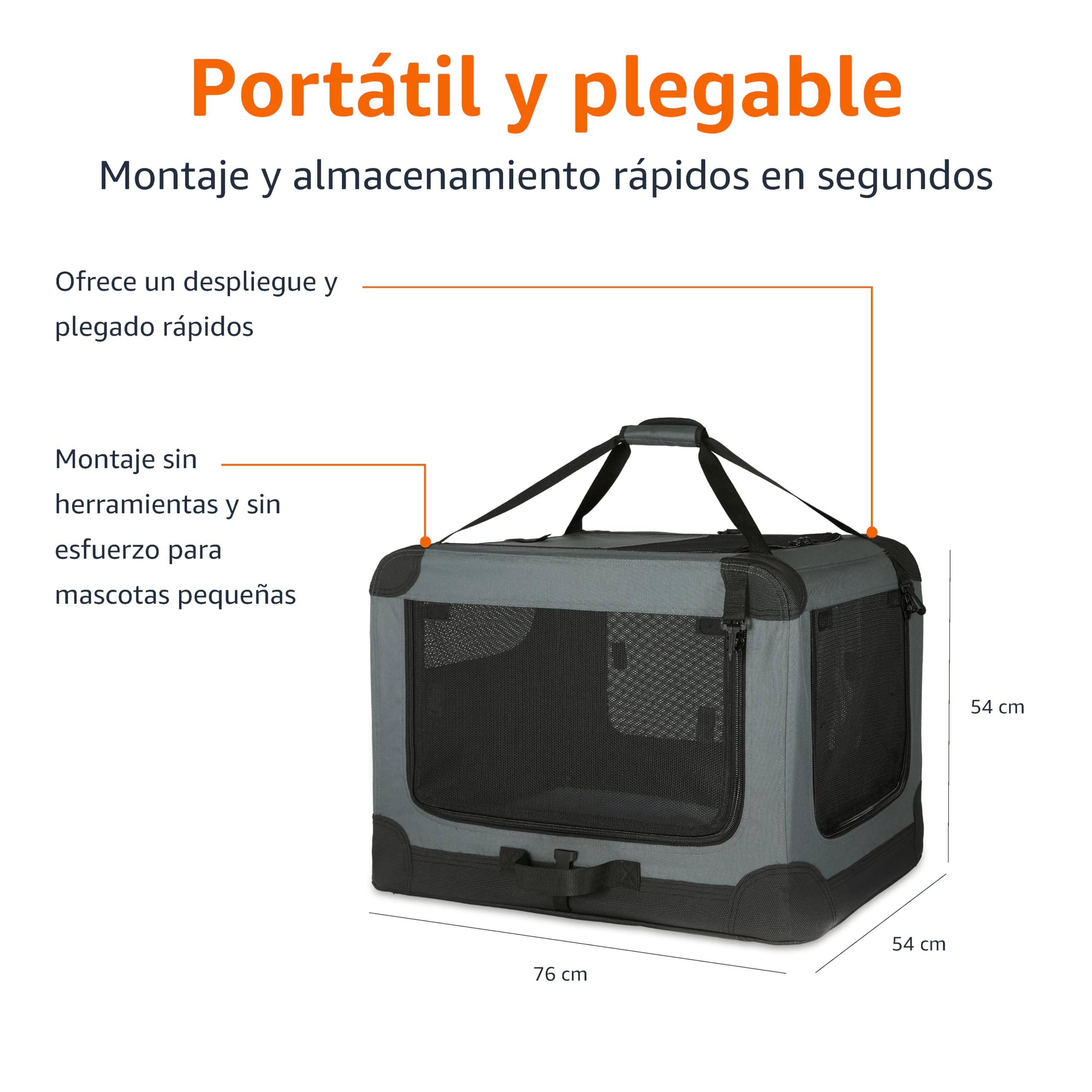 Amazon Basics Transportín portátil plegable de 4 puertas para perros y gatos, Gris, M 76 cm x 54 cm x 54 cm