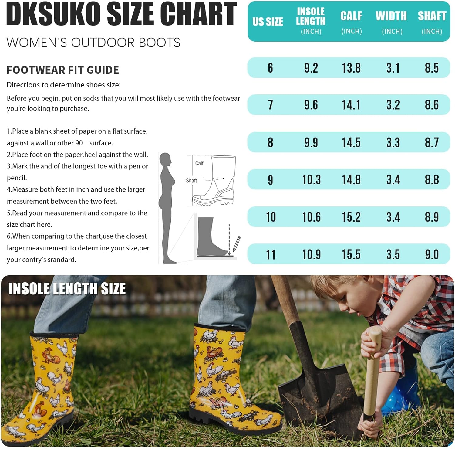DKSUKO Rain Boots for Women Waterproof Insulated Rubber Garden Boots Wide Calf for Outdoor Gardening Rainy Days & Yard Work 8 Yellow Chicken image 5 of 5 B09BZ93463