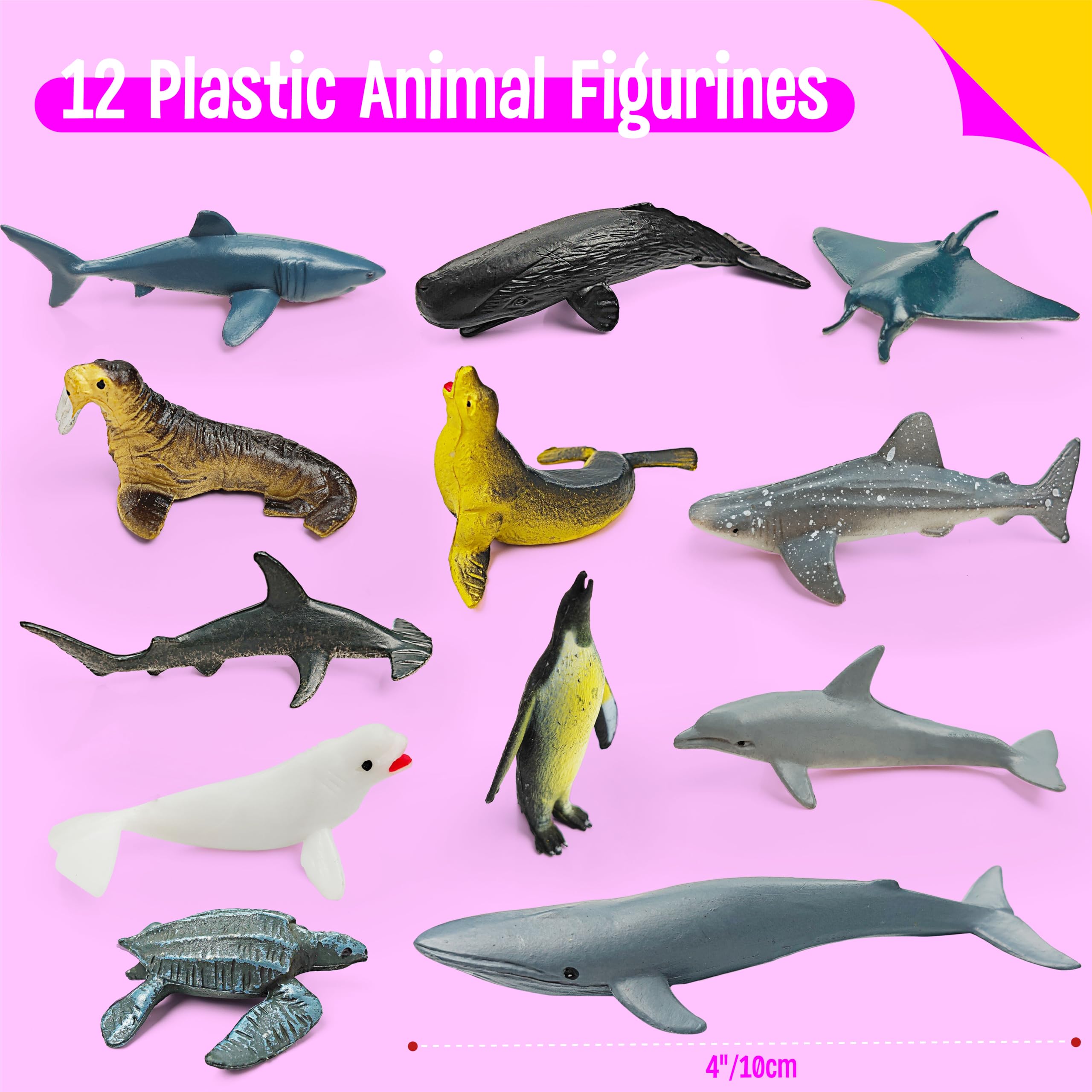 Animali Marini per Bambini, 12 Pezzi Animali Marini Giocattolo con Flashcard Abbinate, Realistico Marine Animali Figure Set, Regalo per Bambini