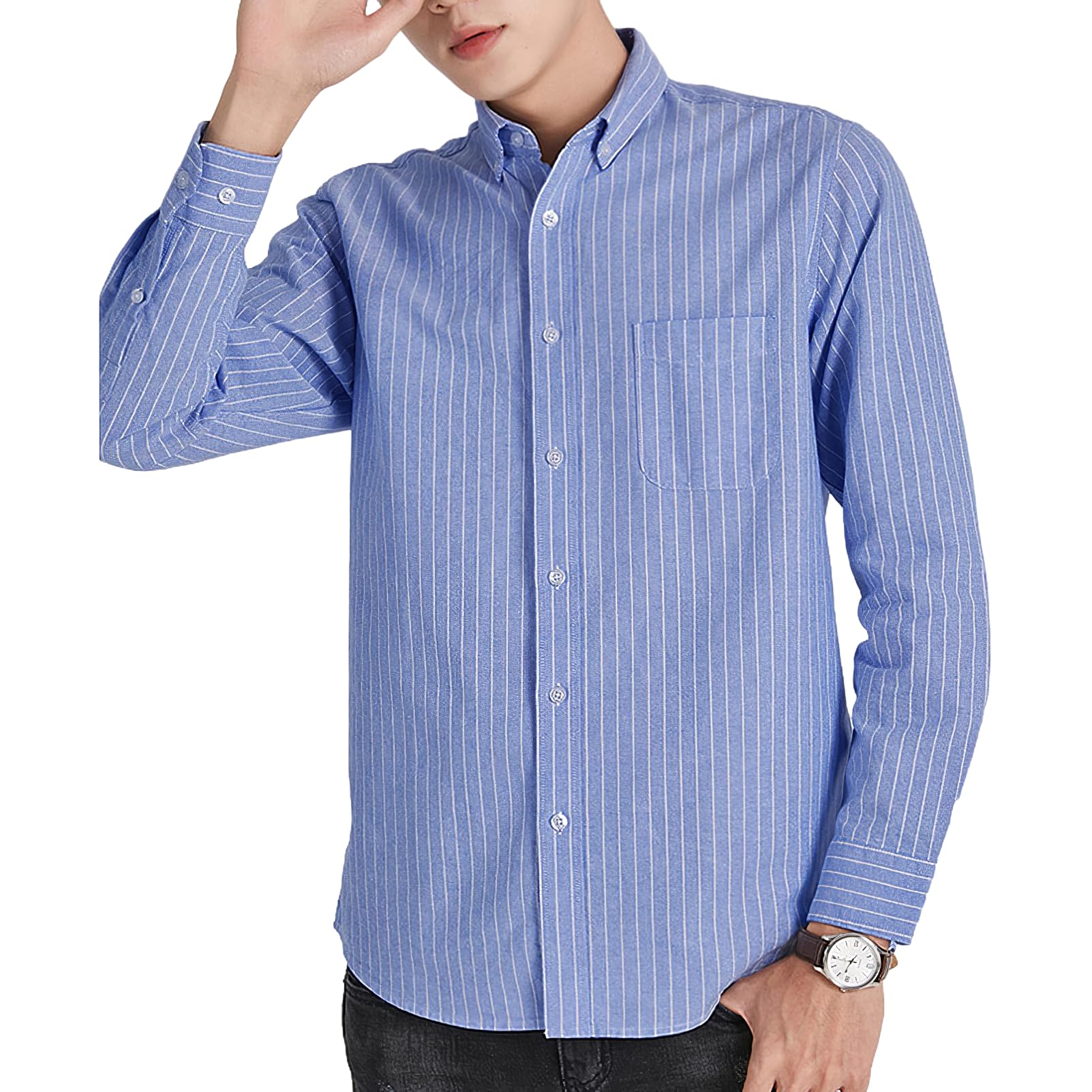 Hombre Camisas de Algodón Manga Larga Botones Franela Casual Negocio Blusa