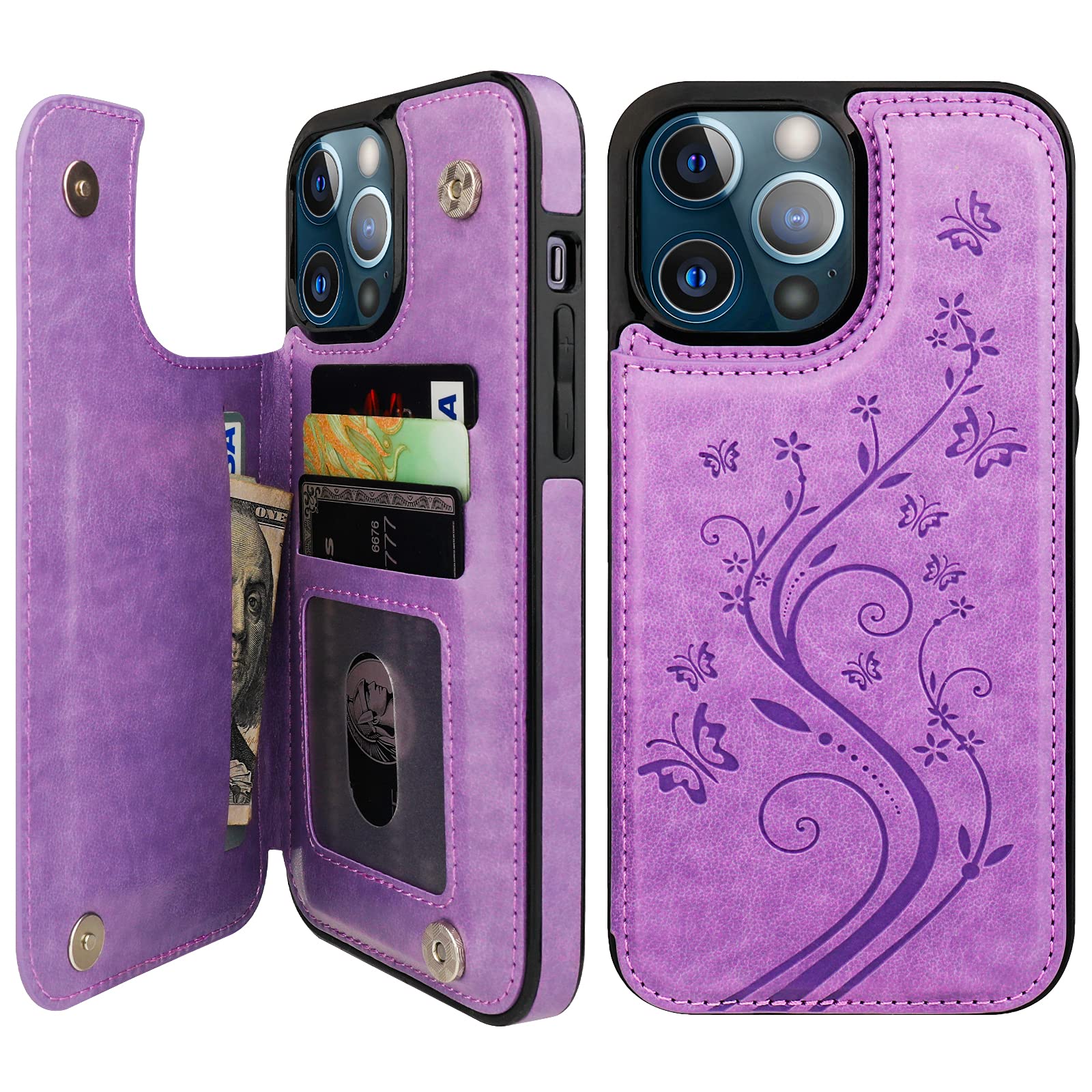 Vaburs Compatible with iPhone 13 Pro Max Case Wallet with Card Holder, Embossed Butterfly Pattern PU Leather Double Buttons Flip Shockproof Protective Cover for Magnetic Car Mount 6.7 Inch (Purple)