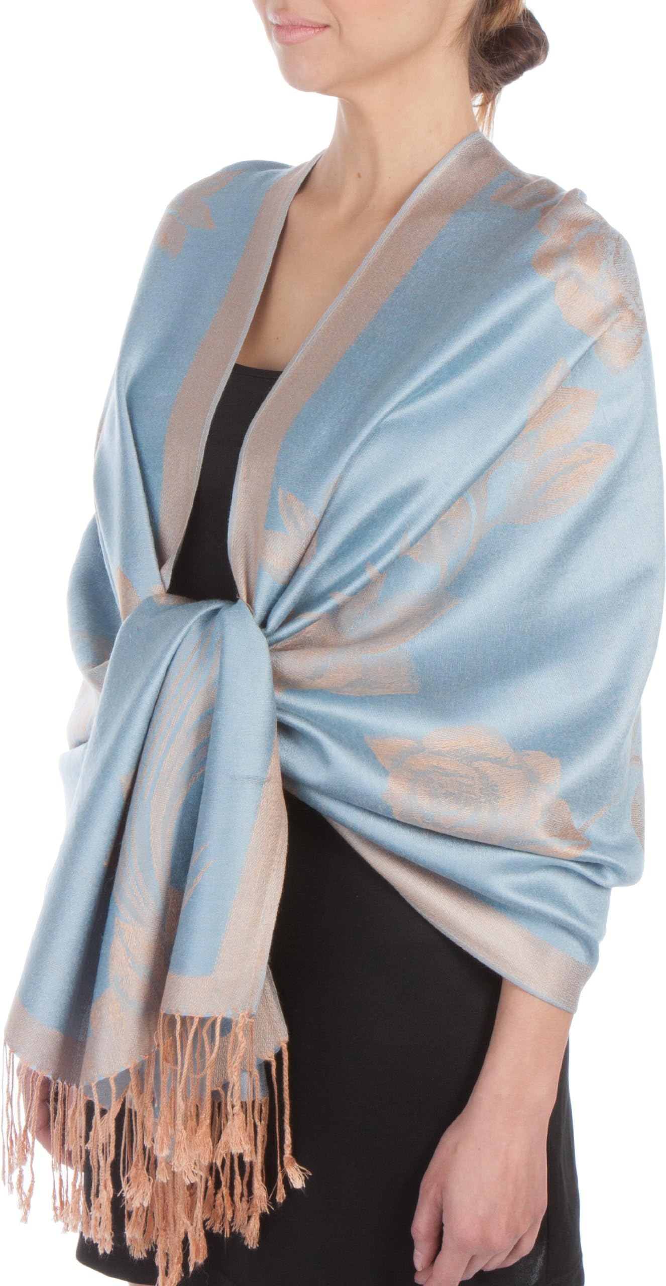 Two Tone Floral Rose Reversible Pashmina Scarf Shawl Wrap Stole for Women