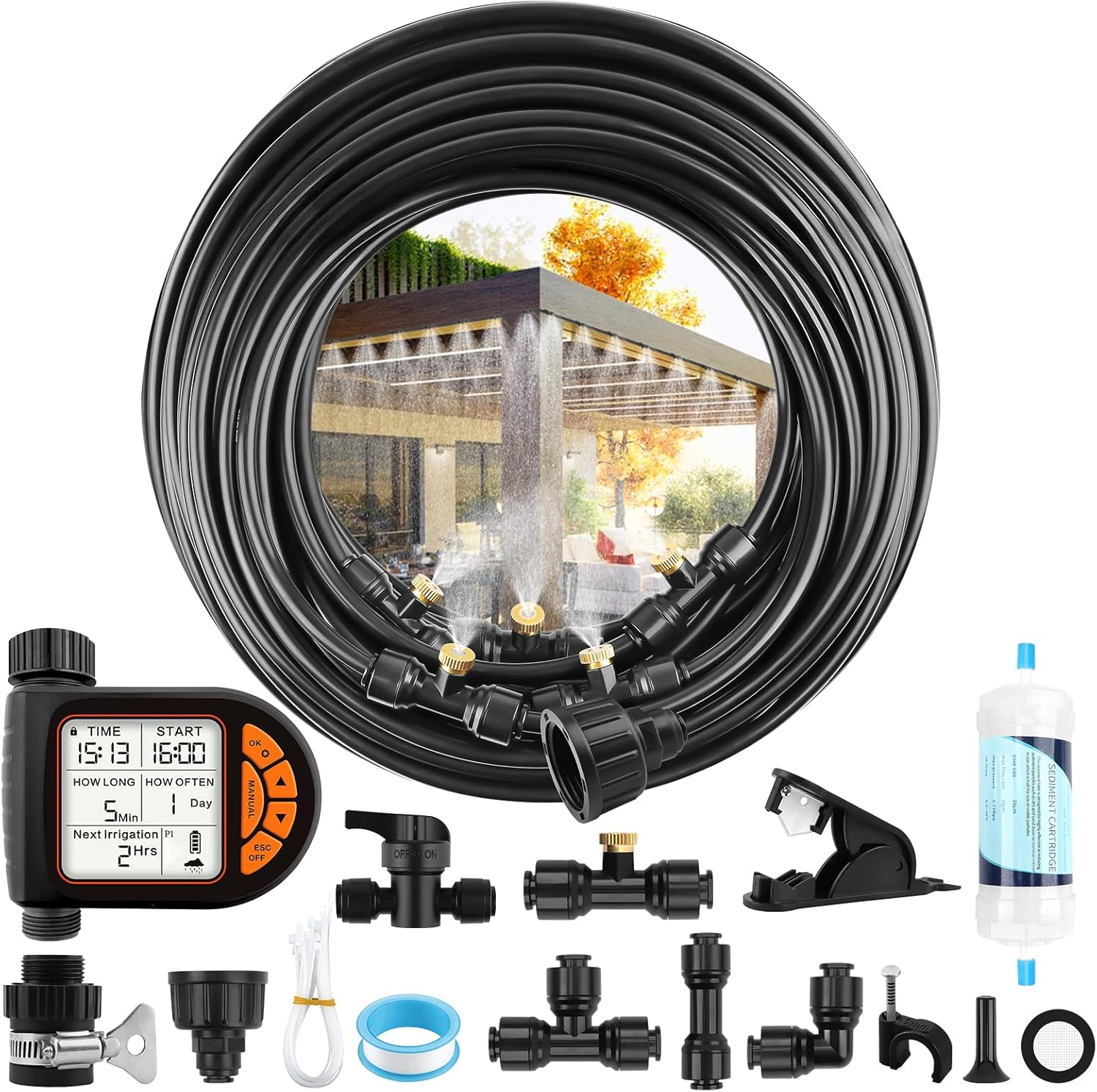 Kalolary 100Ft Misting Cooling System with Timer,Misters for Outside Patio with Water Filter,100FT Misting Line,30 Brass Mist Nozzles & 2 PE Adapters 3/4" Outdoor Mister for Backyard Garden Greenhouse