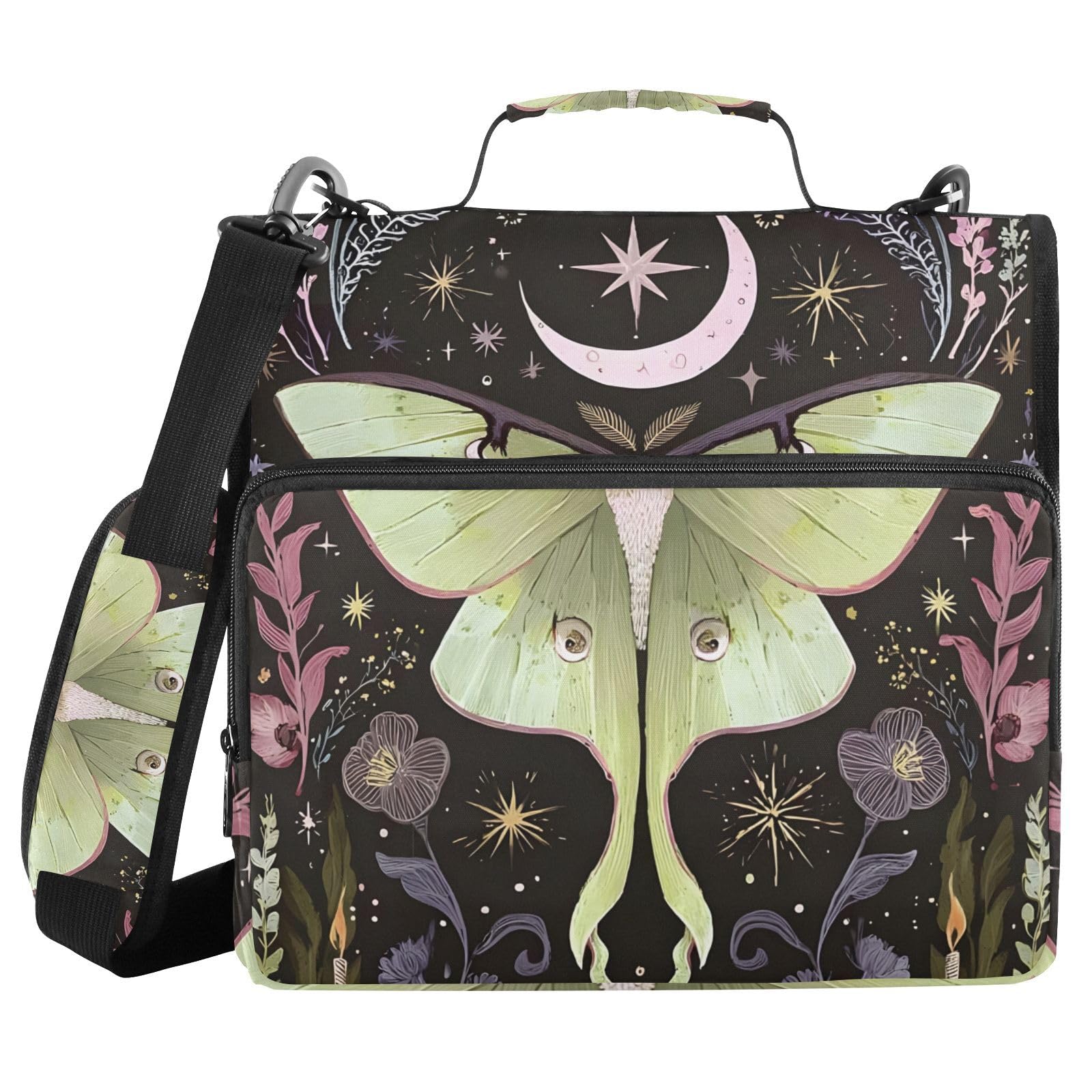 3 Ring Zipper Binder with Shoulder Strap Green Luna Moth Flowers Moon Stars 1.5 inch Binders Keeper Large Capacity Multi Pockets for School Office Supplies