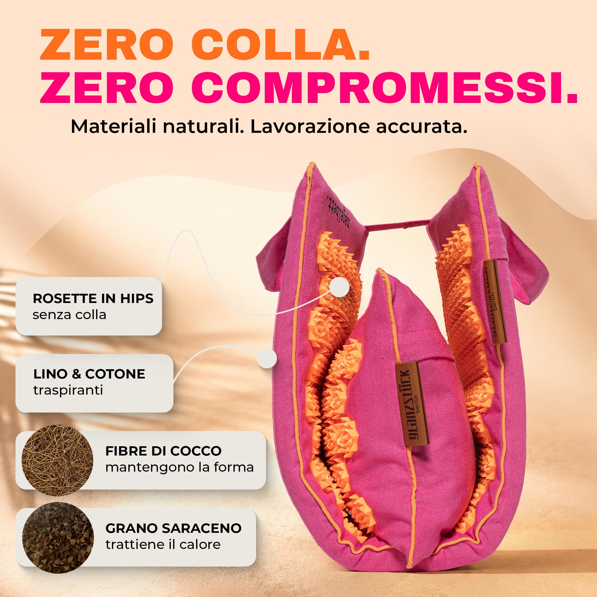 Glanzstück Berlin® Health Collection: Set di tappetini per agopressione XL Original Color in lino, aiuto in caso di tensioni, mal di schiena, tappetino massaggiante con cuscino (funzione termica) e