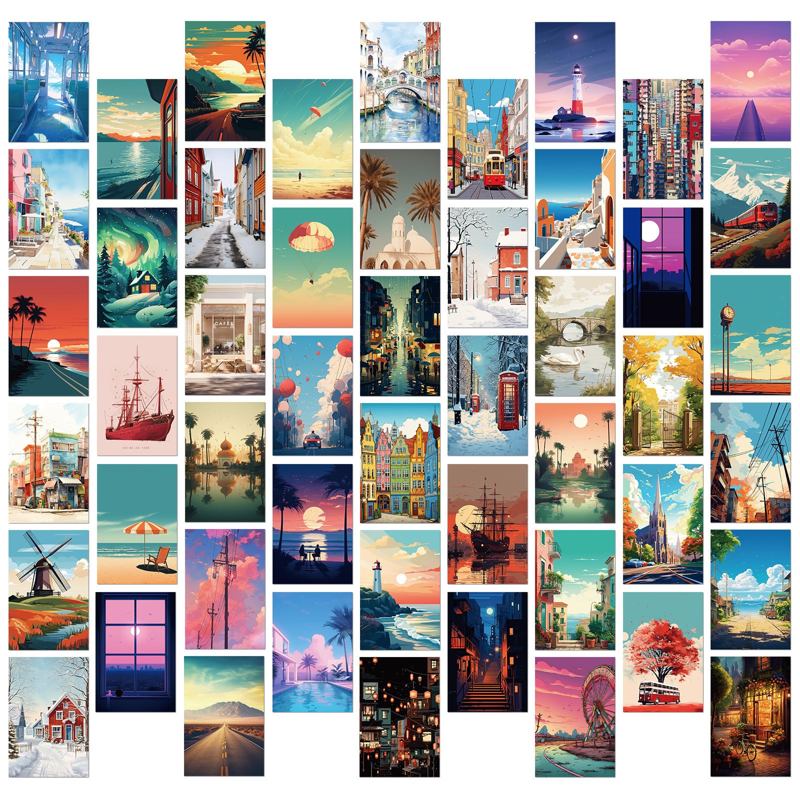 50pcs Vintage Travel Postcards Street Scenery Posters Cards Wall Art Decoration Post Card Set Retro Greeting Cards Scrapbooking Paper for DIY Craft Hoom Decor (K)