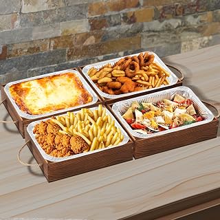 Minenameme 4-Pack Pine Wood Foil Pan Holders for 9x13 Pans - Burnt Wood Serving Trays for Parties, Weddings, Baking
