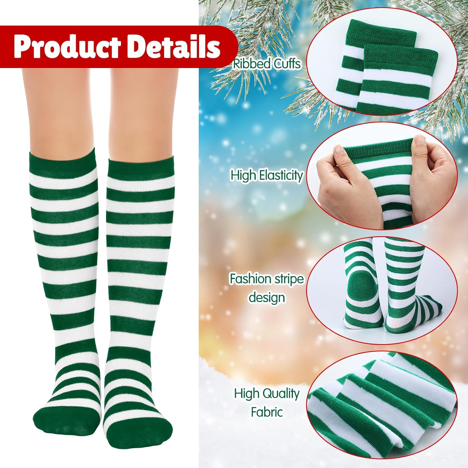 Hercicy 3 Pairs Christmas Knee High Socks for Girls Long Striped Candy Canes Xmas Stockings Stuffers for 6-12 Kids Cosplay - Image 4
