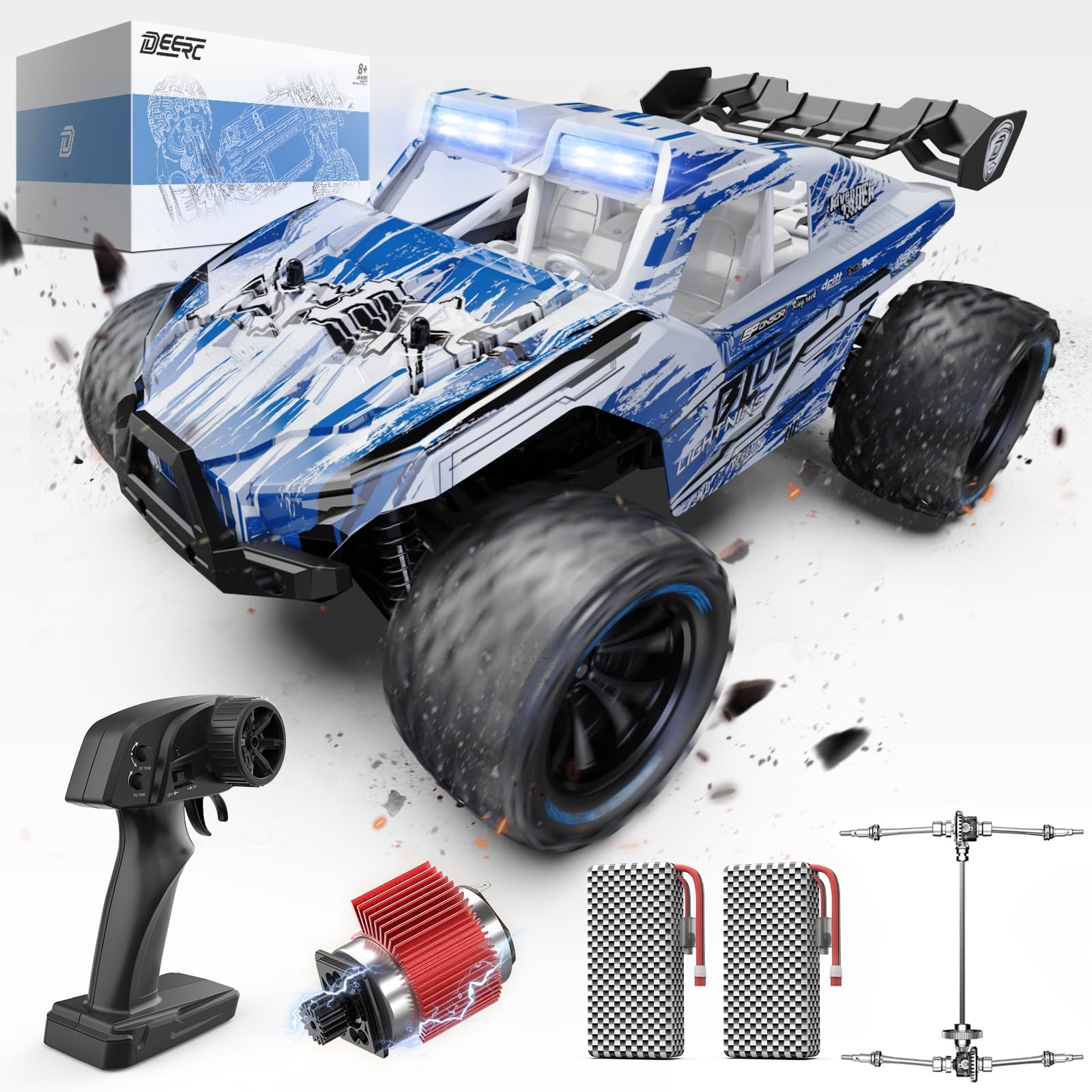 DEERC All Terrain RC Car with 2 Batteries, 1:14 4WD High Speed Monster Truck, 40KM/H Off-Road Remote Control Car with LED Light, Gifts for Boys, Kids and Adults of All Ages