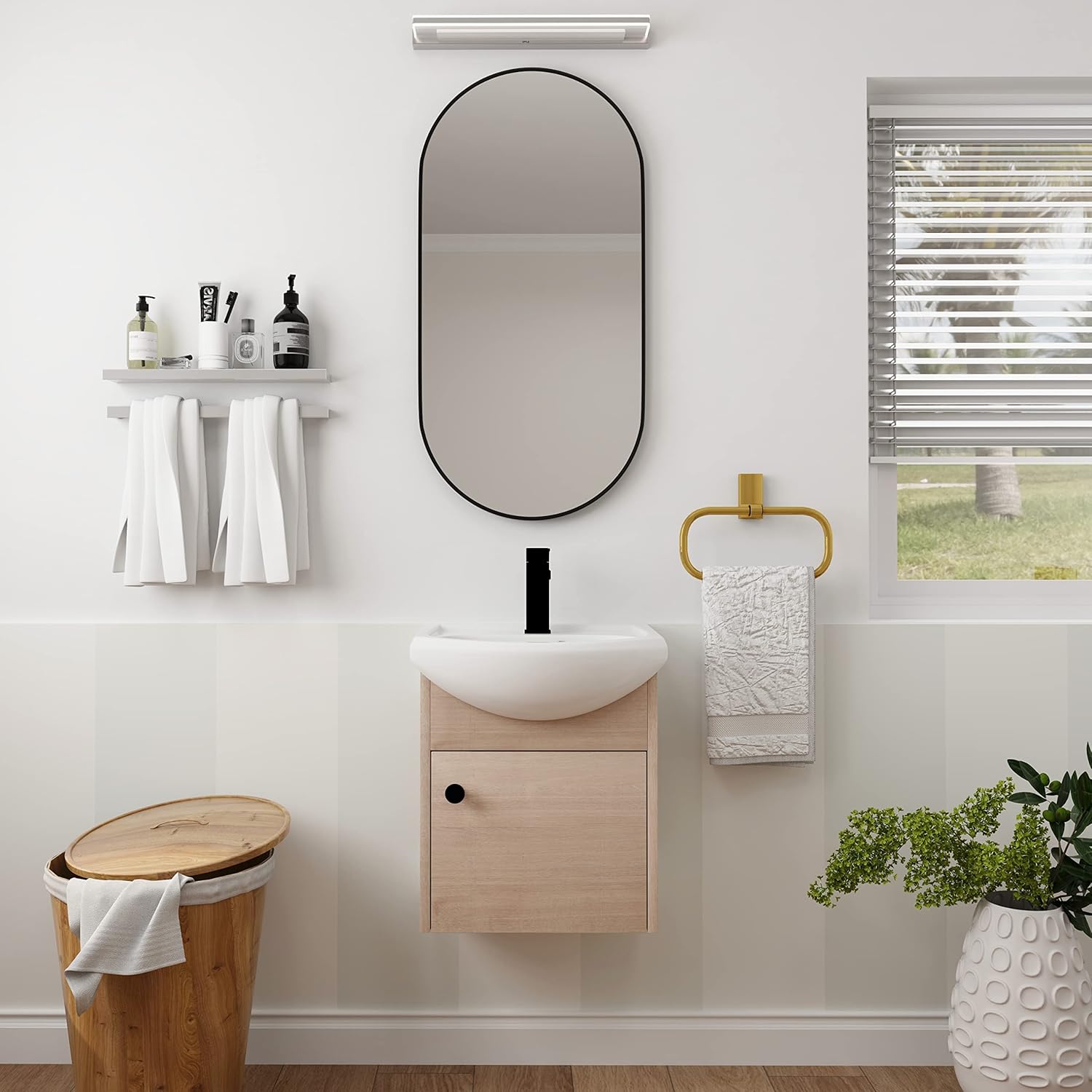 18" Modern Floating Bathroom Vanity Sink Set w/White Ceramic Resin Basin Sink Top, Storage Cabinet, Soft Door - Wall Mounted for Small Space