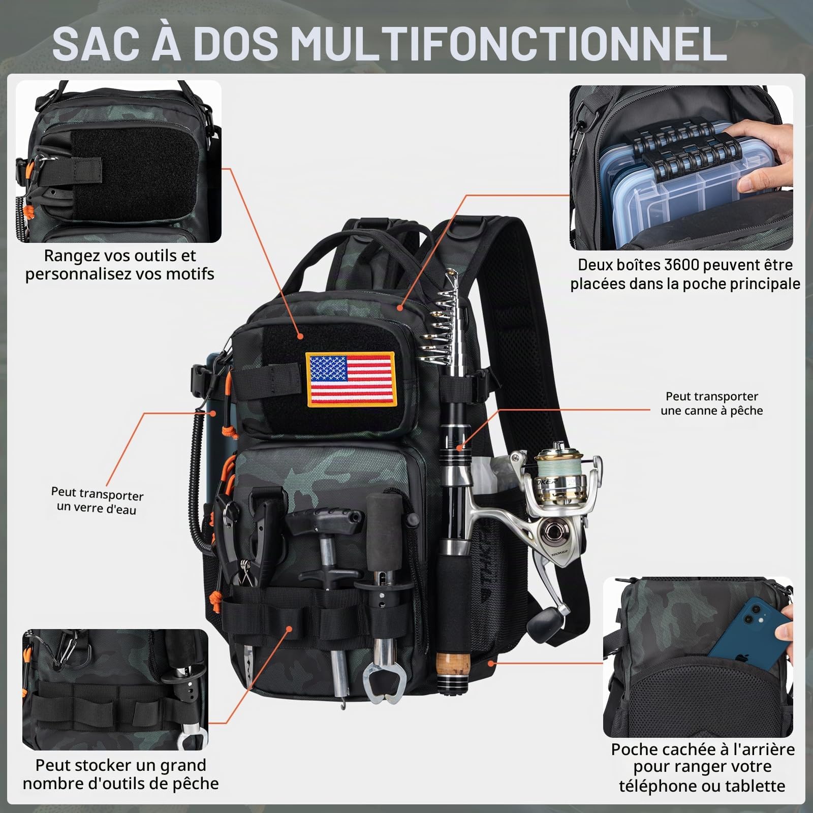 THKFISH Sac à dos de pêche avec support de canne, kit d'outils de pêche, sac résistant à l'eau avec kit de leurres de pêche, boîte de matériel de pêche et ensemble de pinces pour homme et femme
