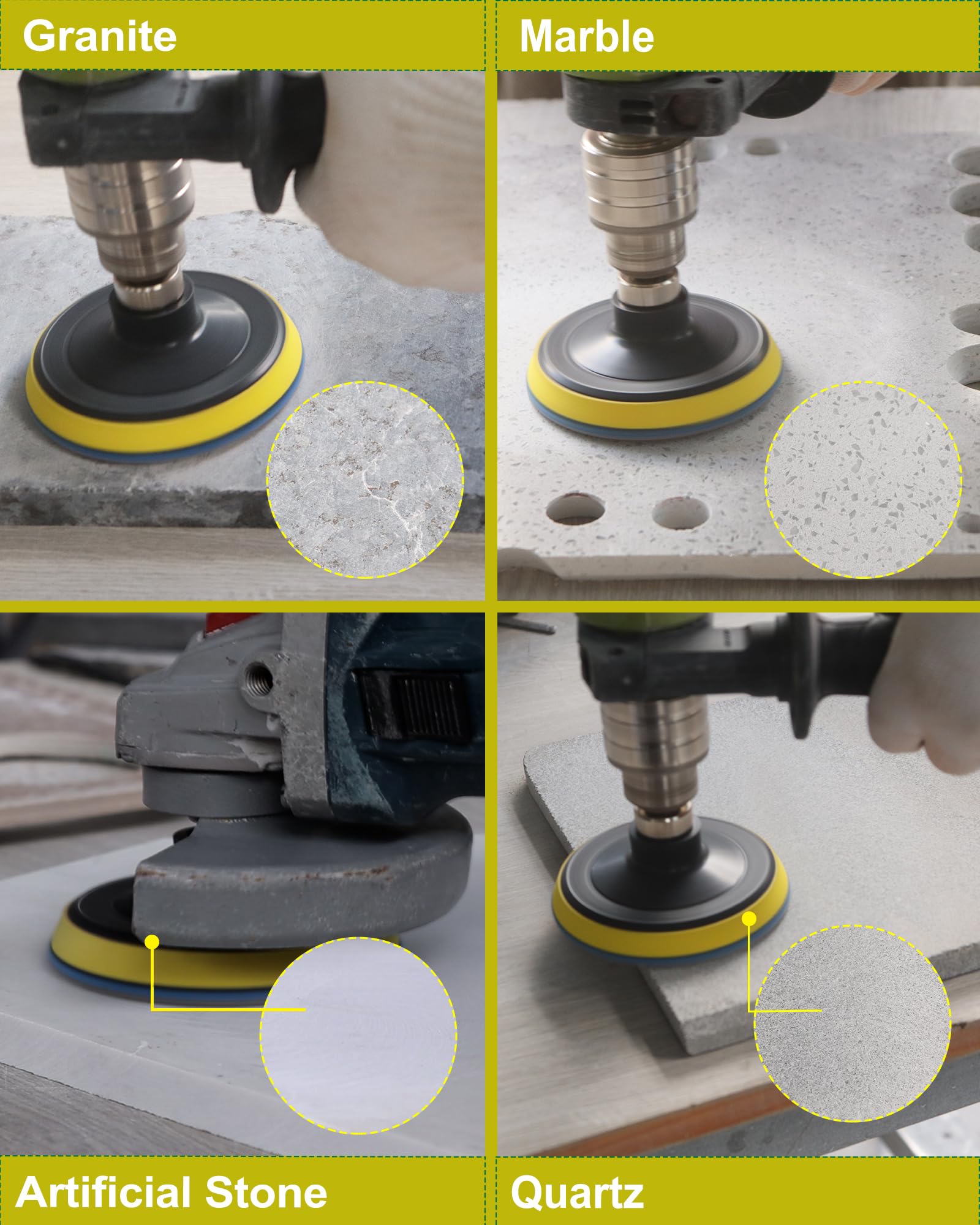 Diamantato Tamponi di Lucidatura Secco - 100mm 8pezzi Grana 50x3/100x3/200x2 con M14 Platorello+Adattatore per Granito Marmo Pietra Artificiale Quarzo per Smerigliatrice Angolare SANLEETEK
