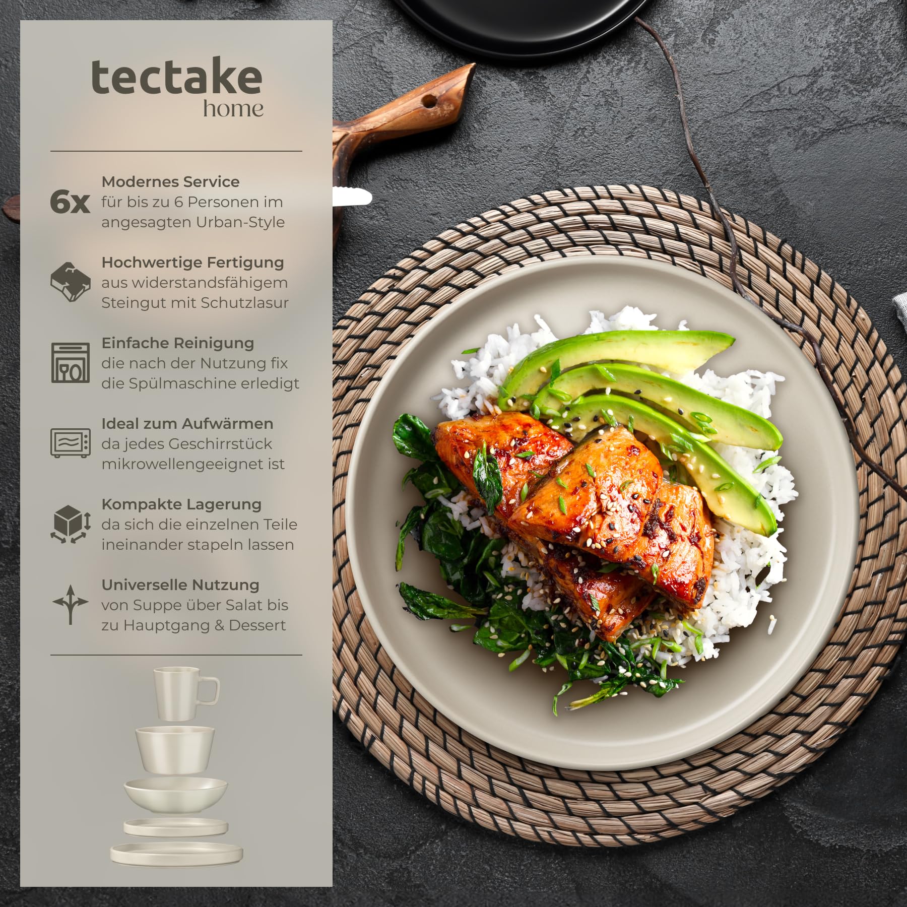 tectake® 30-tlg. Kombiservice, Geschirrset, Tafelservice 6 Personen, Steingut Geschirr Set, Teller Set mit Schalen, Kaffeetassen, Speiseteller, Frühstücksteller, tiefe Teller und Schüsseln - taupe