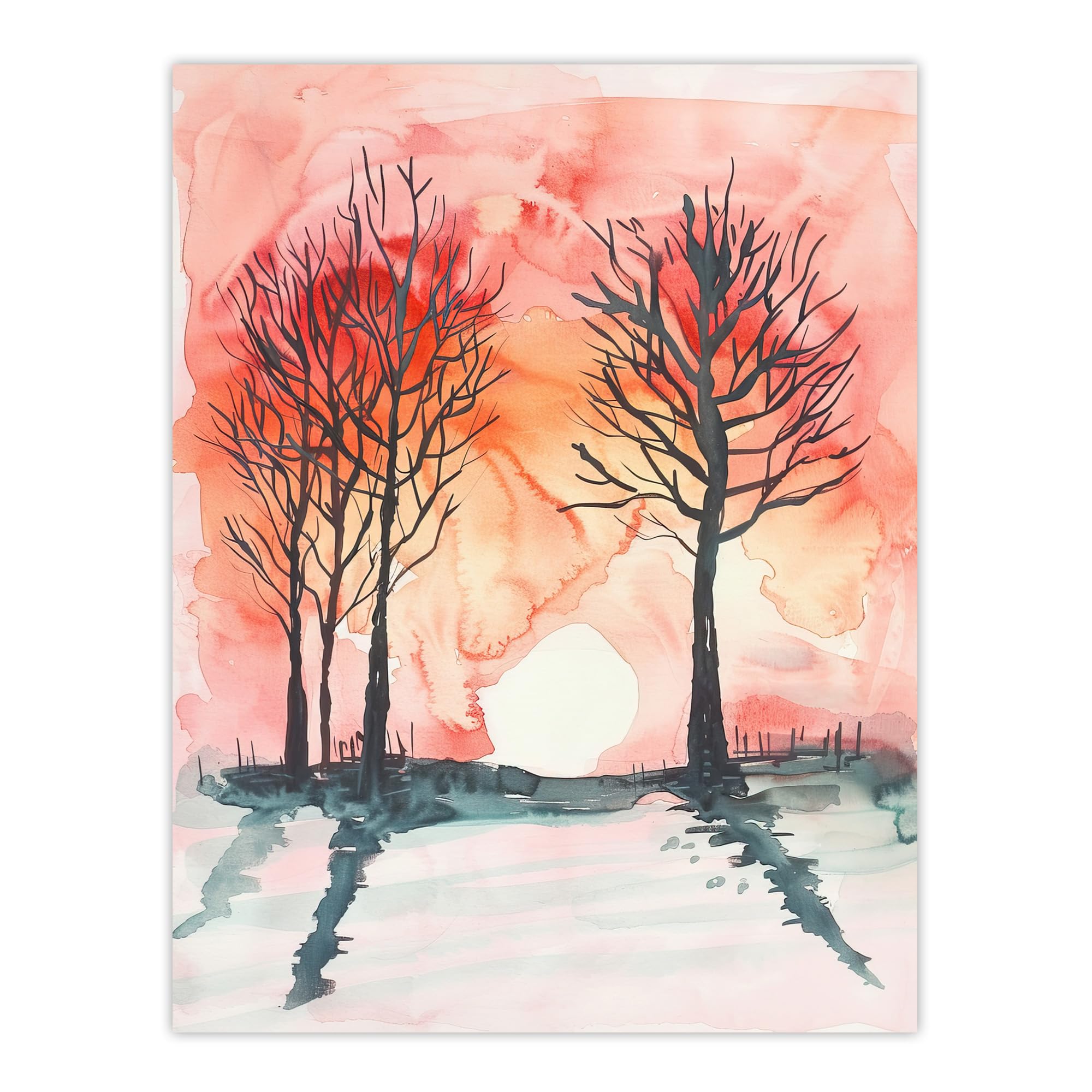 Artery8 Two Trees at Sunset Winter Countryside Landscape Living Room Large Wall Art Poster Print Thick Paper 18X24 Inch