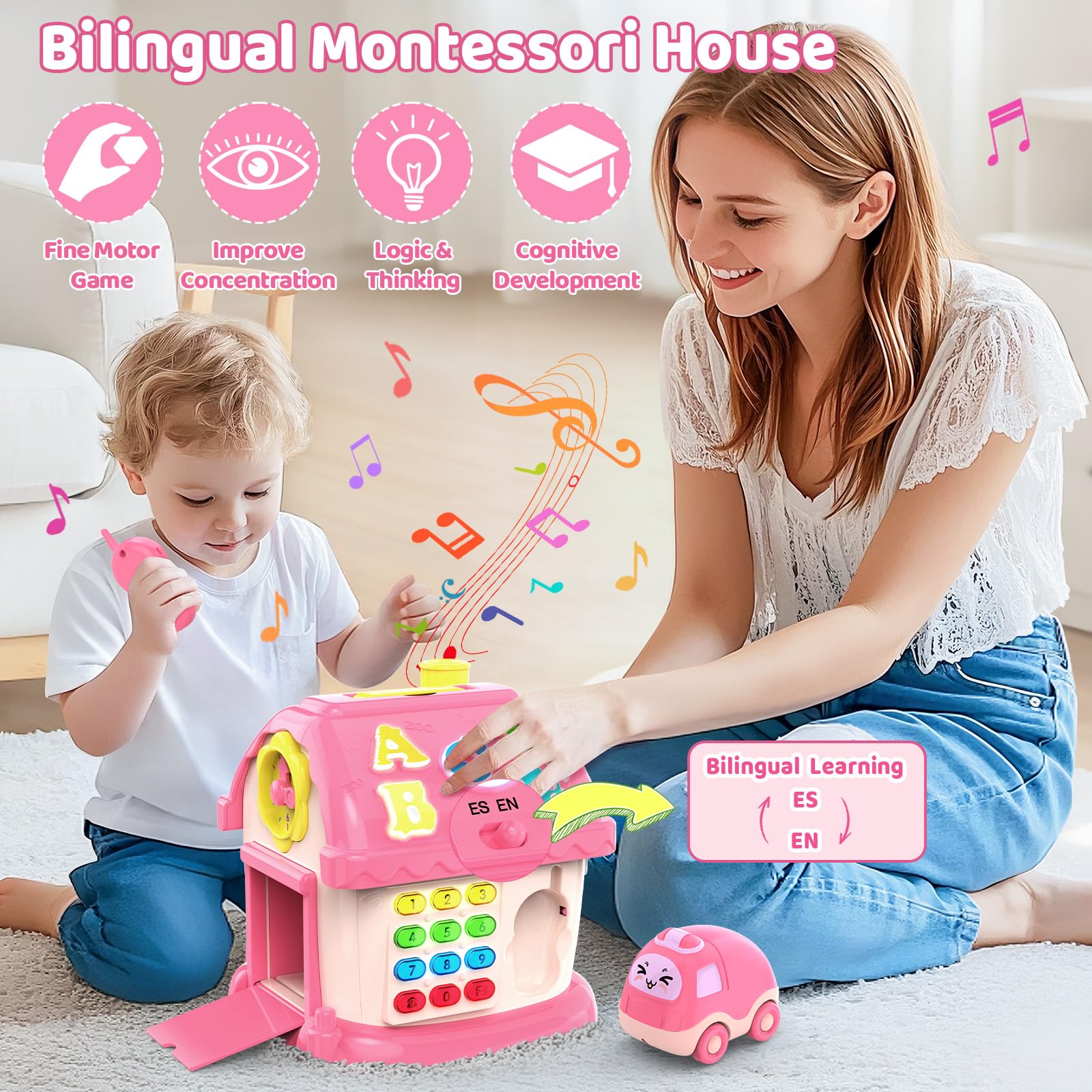 Giocattoli per 1 Anno Vecchia Ragazza Regali, 12-in-1 Bilingue Apprendimento Musicale Casa | Attività Montessori bilingue 12 in 1 per lo sviluppo sensoriale musicale, regalo per il primo compleanno per bambina