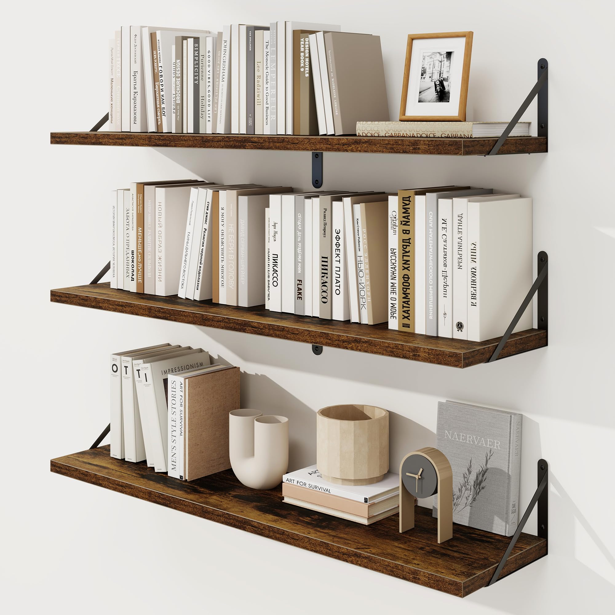 KovaScape Floating Shelves, Deep Rustic Book Shelf for Wall, 80x20 cm Wall Shelves Set of 3, Heavy Duty Metal Brackets, Wood Display Shelf for Living Room, Kitchen, Bathroom, Study, Brown