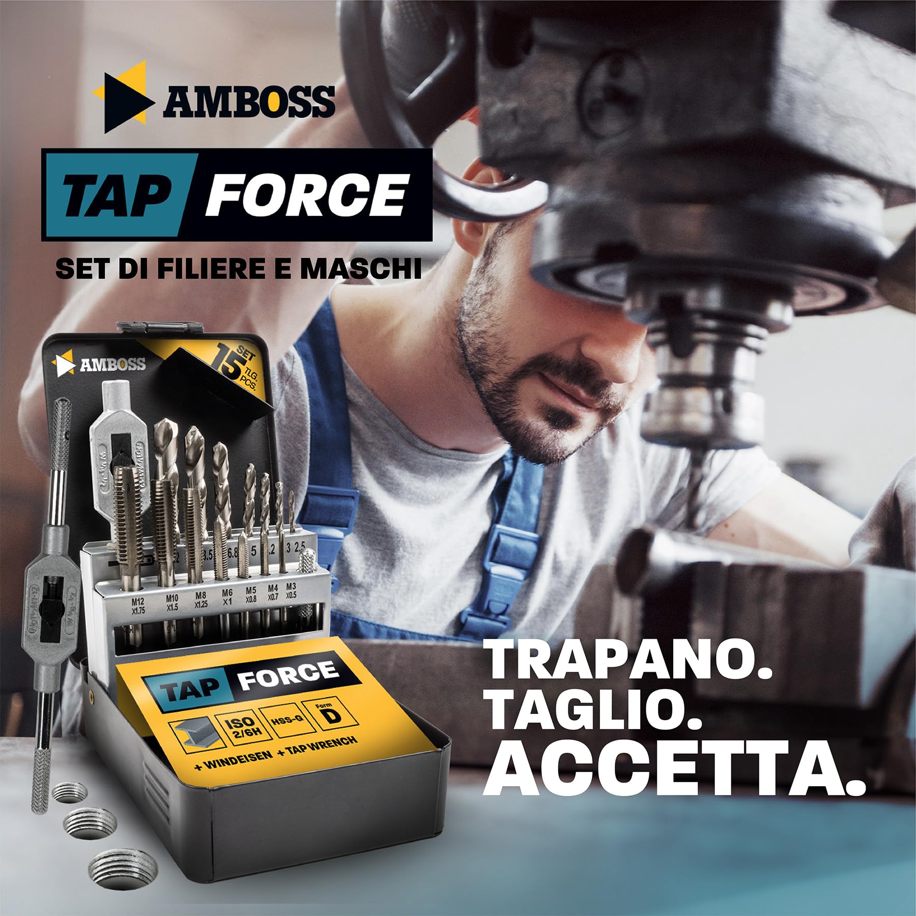 Set di maschietti metrici, M3 – M12, 15 pezzi, HSS-G/binario/incudine Tap Force/filettatura, set di filettatura, set di maschi, M3 & M4 & M5 & M6 & M8 & M10 & M12