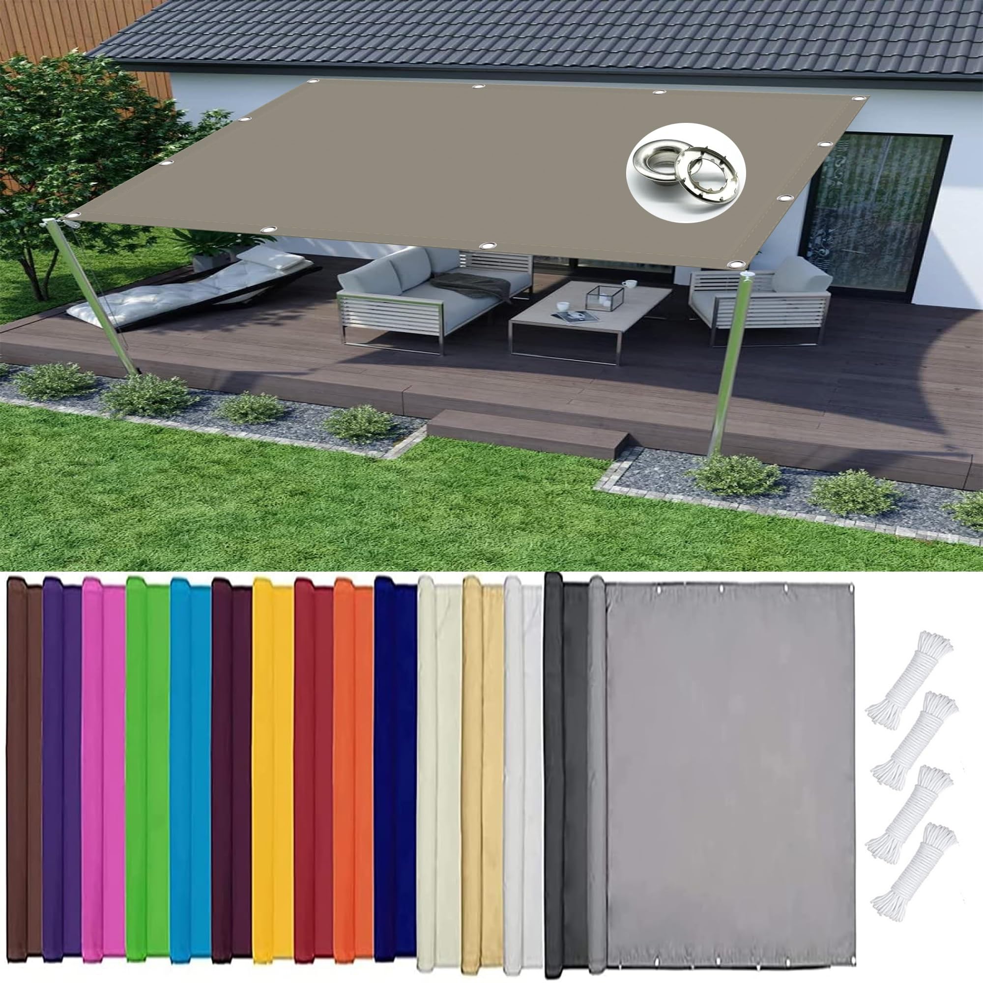 KLGFBDC Waterproof Rectangular Sun Shade Sail 1.3 x 3.5m for Balcony Patio & GardenUV Resistant Weatherproof Colors with Rope Taupe